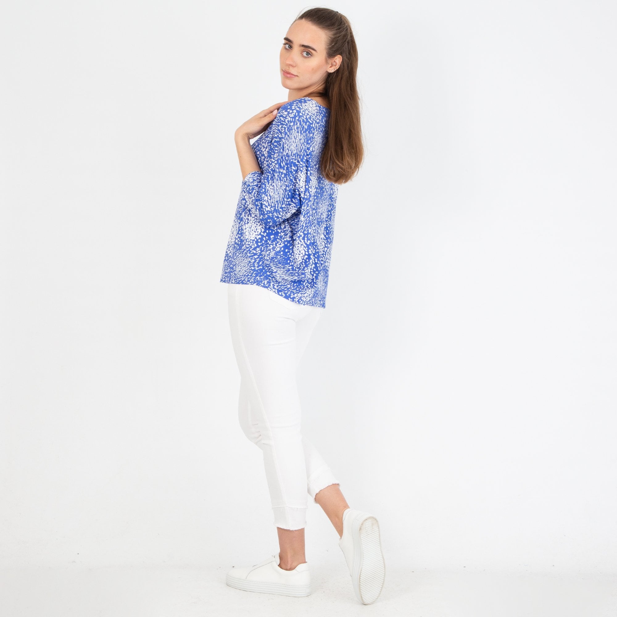 Sahara Speckled Print Round Neck Jersey Top Blue/white