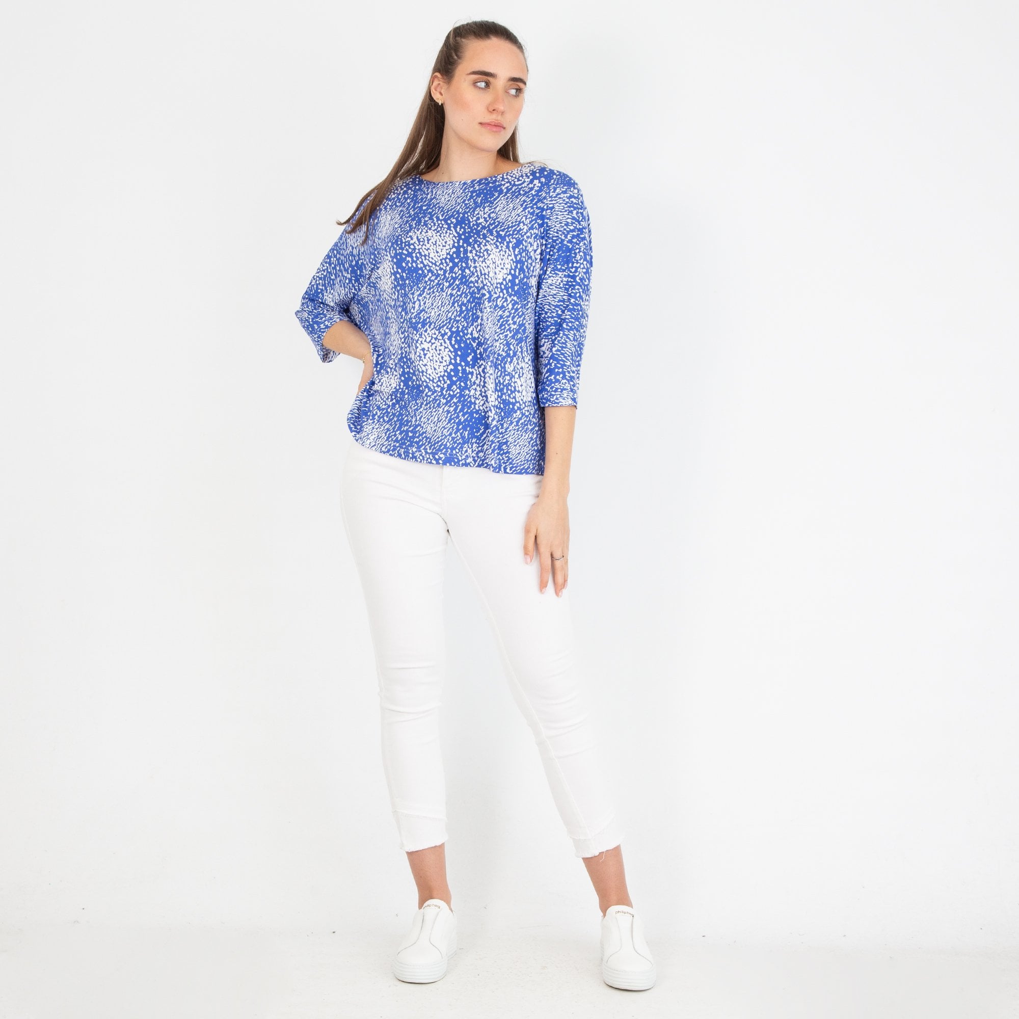Sahara Speckled Print Round Neck Jersey Top Blue/white