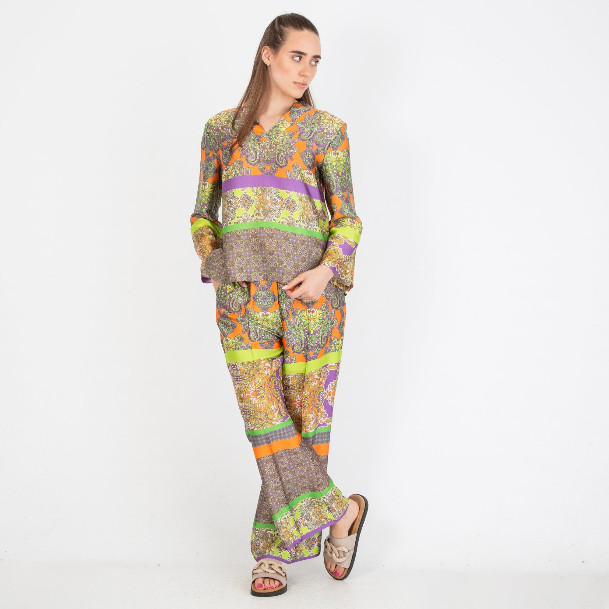 Arggido V Neck Paisley Stripe Print Silky Blouse Orange Multi