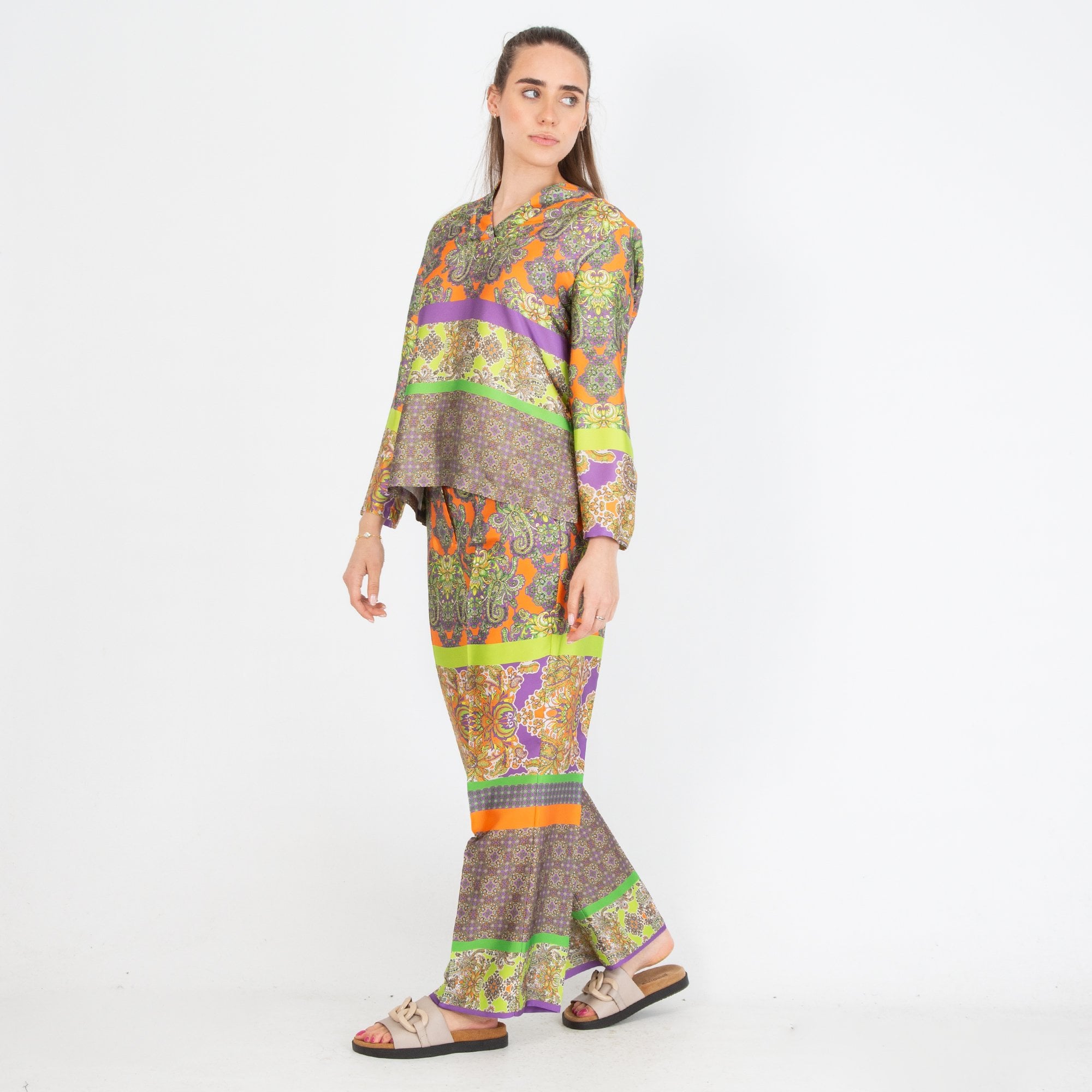 Arggido V Neck Paisley Stripe Print Silky Blouse Orange Multi