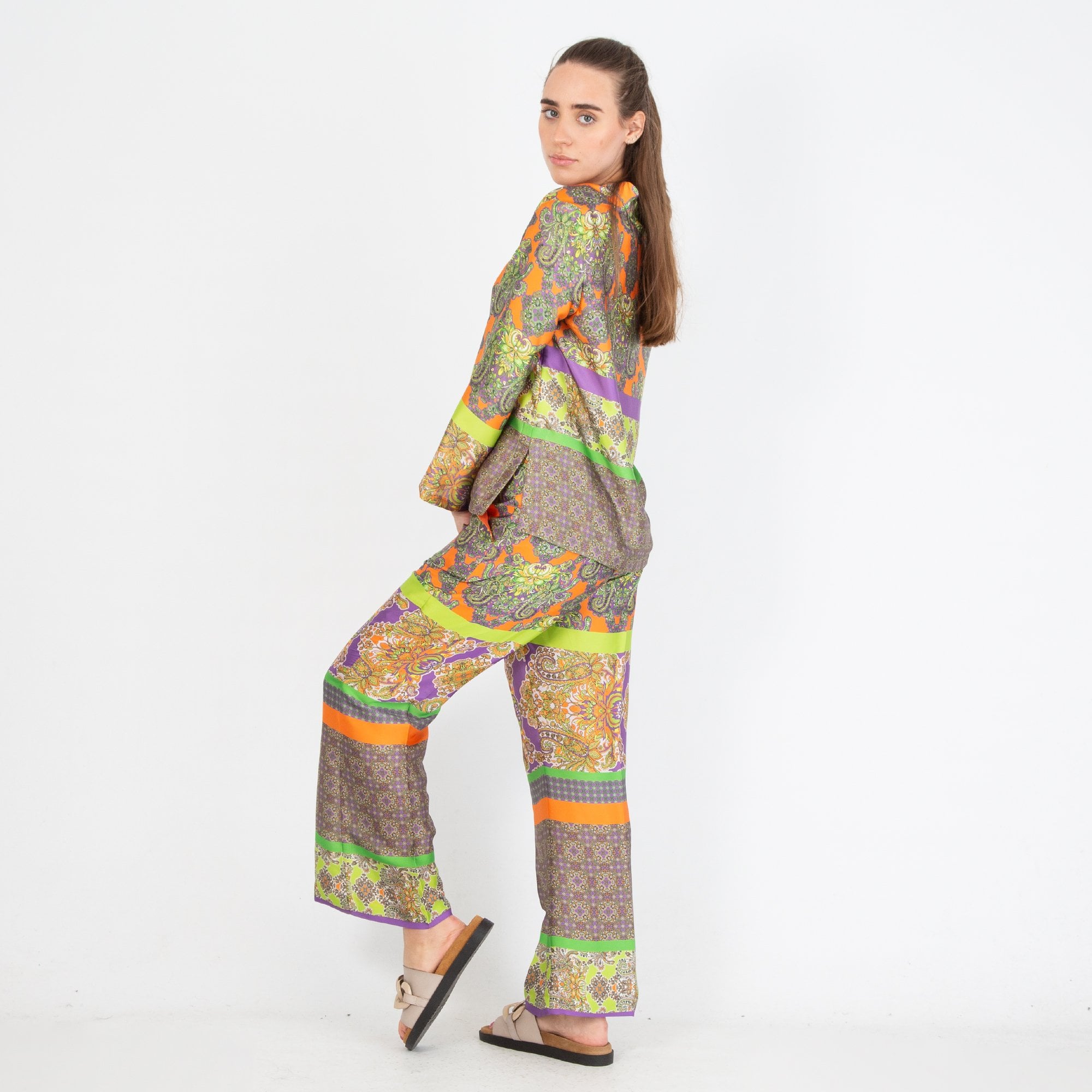 Arggido V Neck Paisley Stripe Print Silky Blouse Orange Multi