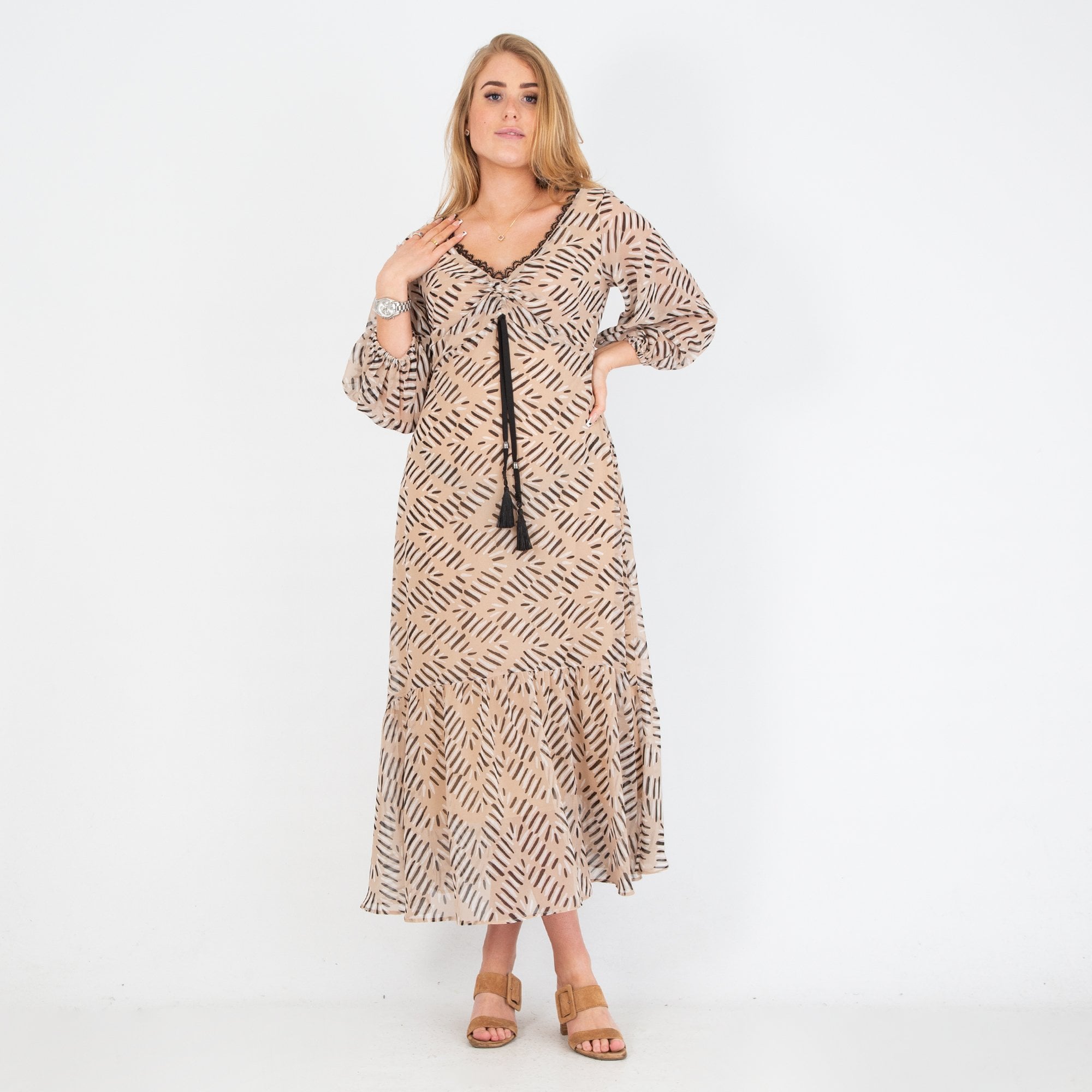 Arggido V Neck Lace Edge Tiered Hem Maxi Dress Beige/black