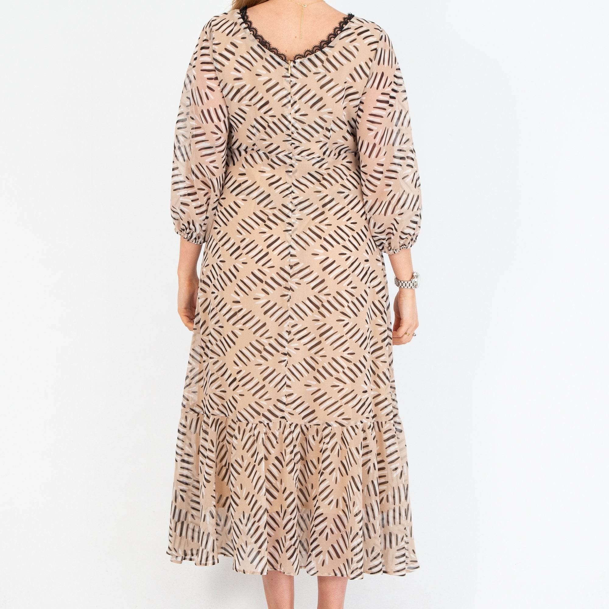 Arggido V Neck Lace Edge Tiered Hem Maxi Dress Beige/black