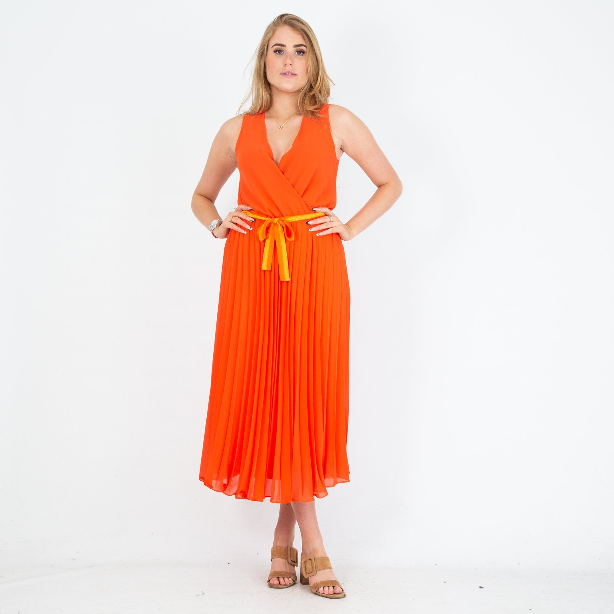 Bariloche Trudy V Neck Belted Pleat Skirt Dress Orange