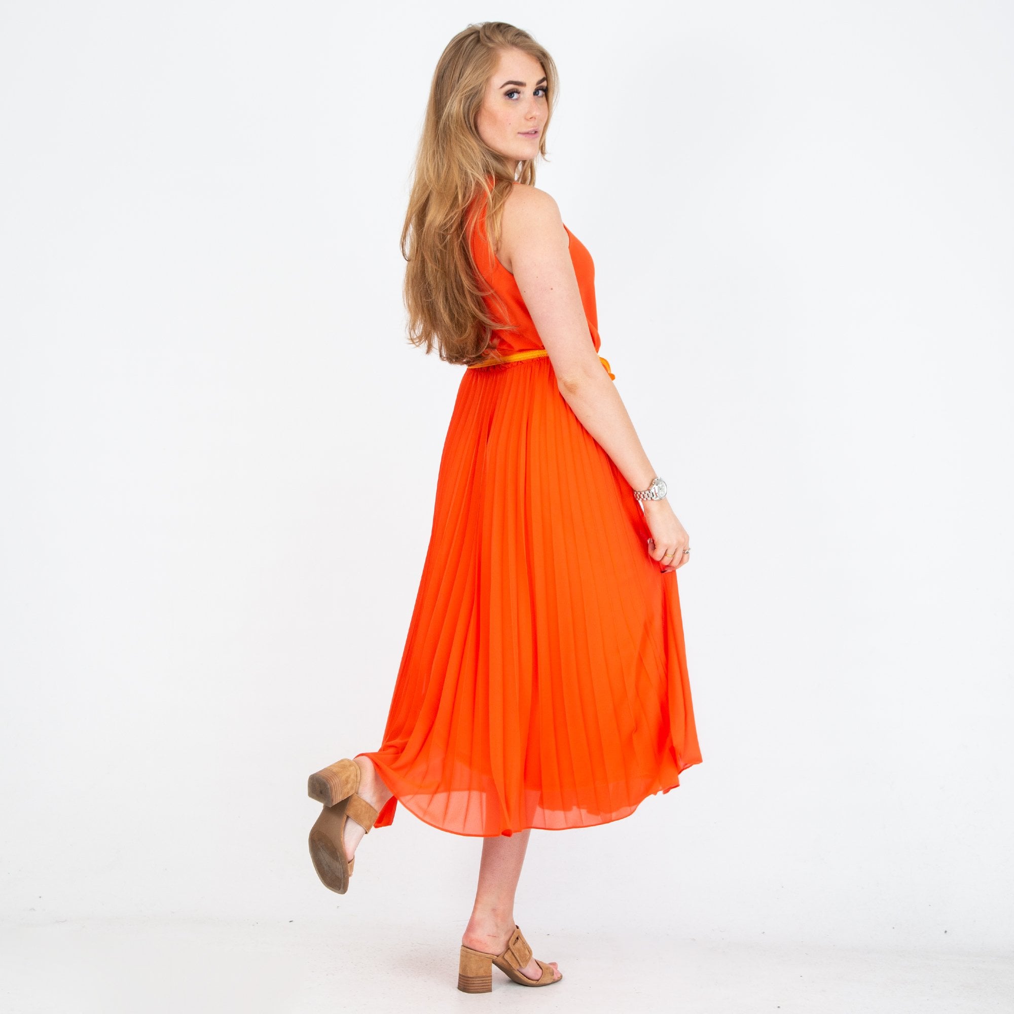 Bariloche Trudy V Neck Belted Pleat Skirt Dress Orange