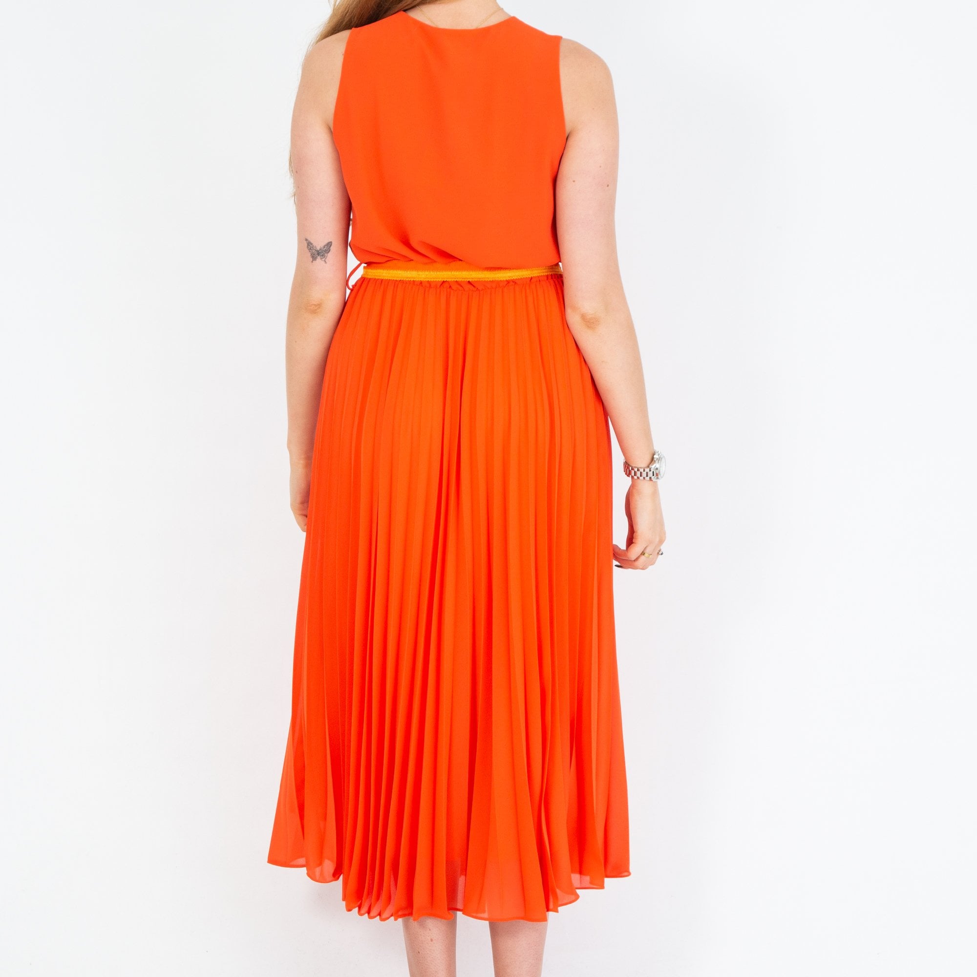 Bariloche Trudy V Neck Belted Pleat Skirt Dress Orange