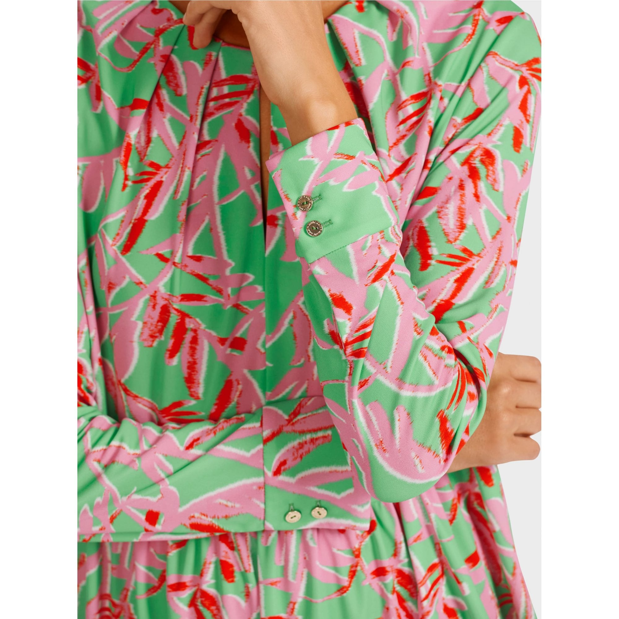 Marc Cain Leaf Print Tiered Button Neck Dress Green/coral