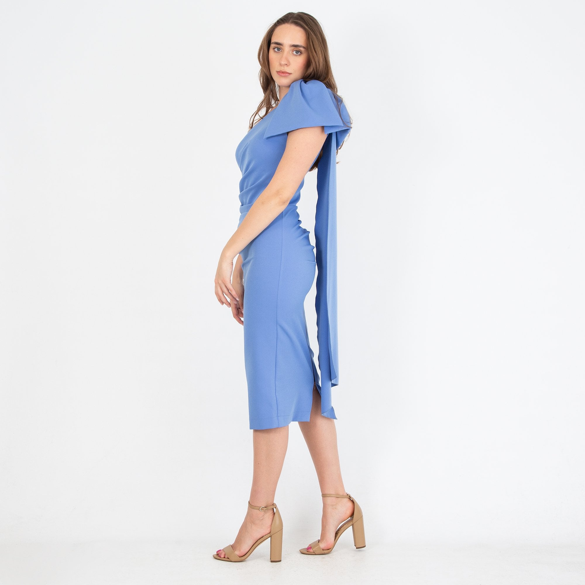 Kevan Jon Krystal Ruched One Shoulder Fitted Dress Cornflower Blue
