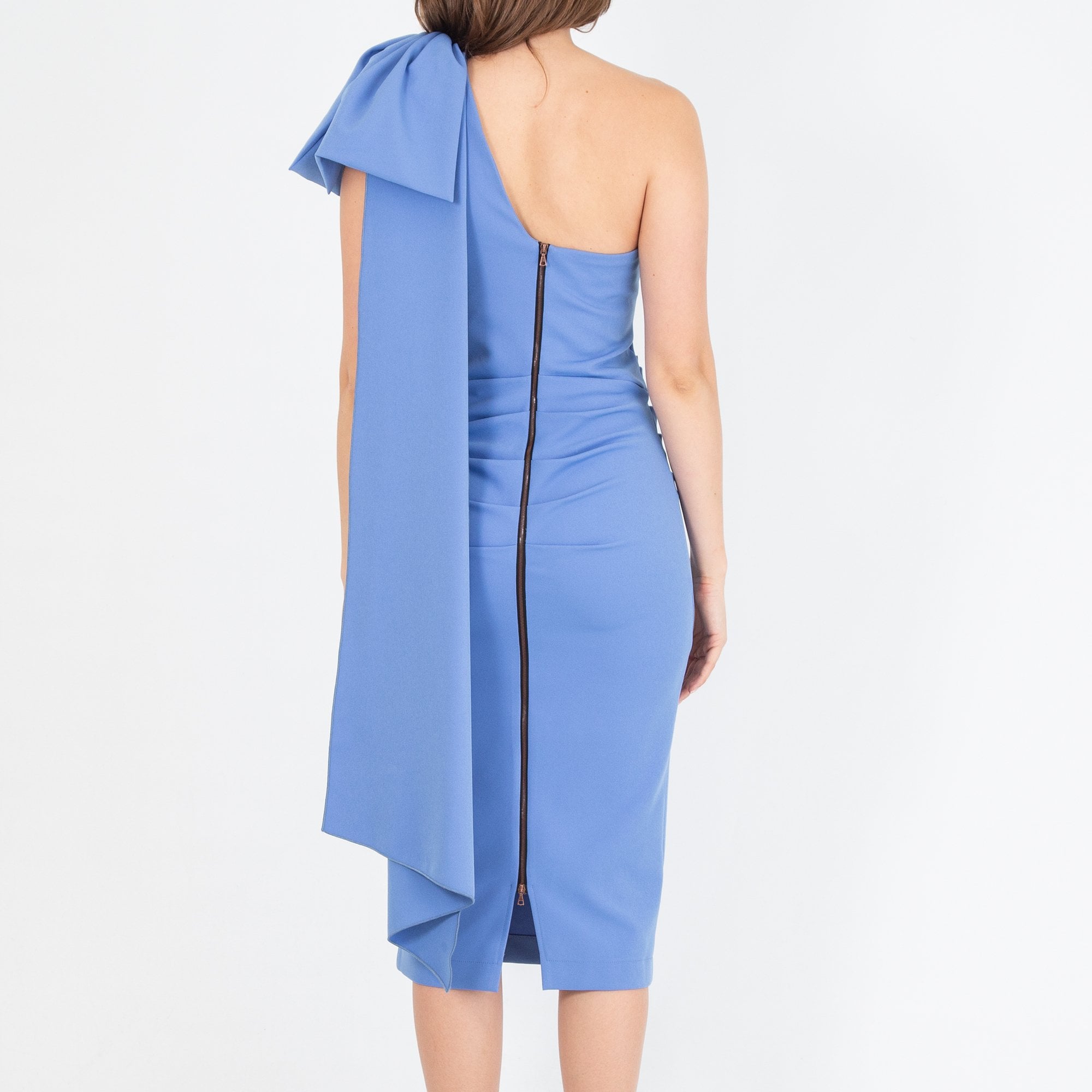 Kevan Jon Krystal Ruched One Shoulder Fitted Dress Cornflower Blue