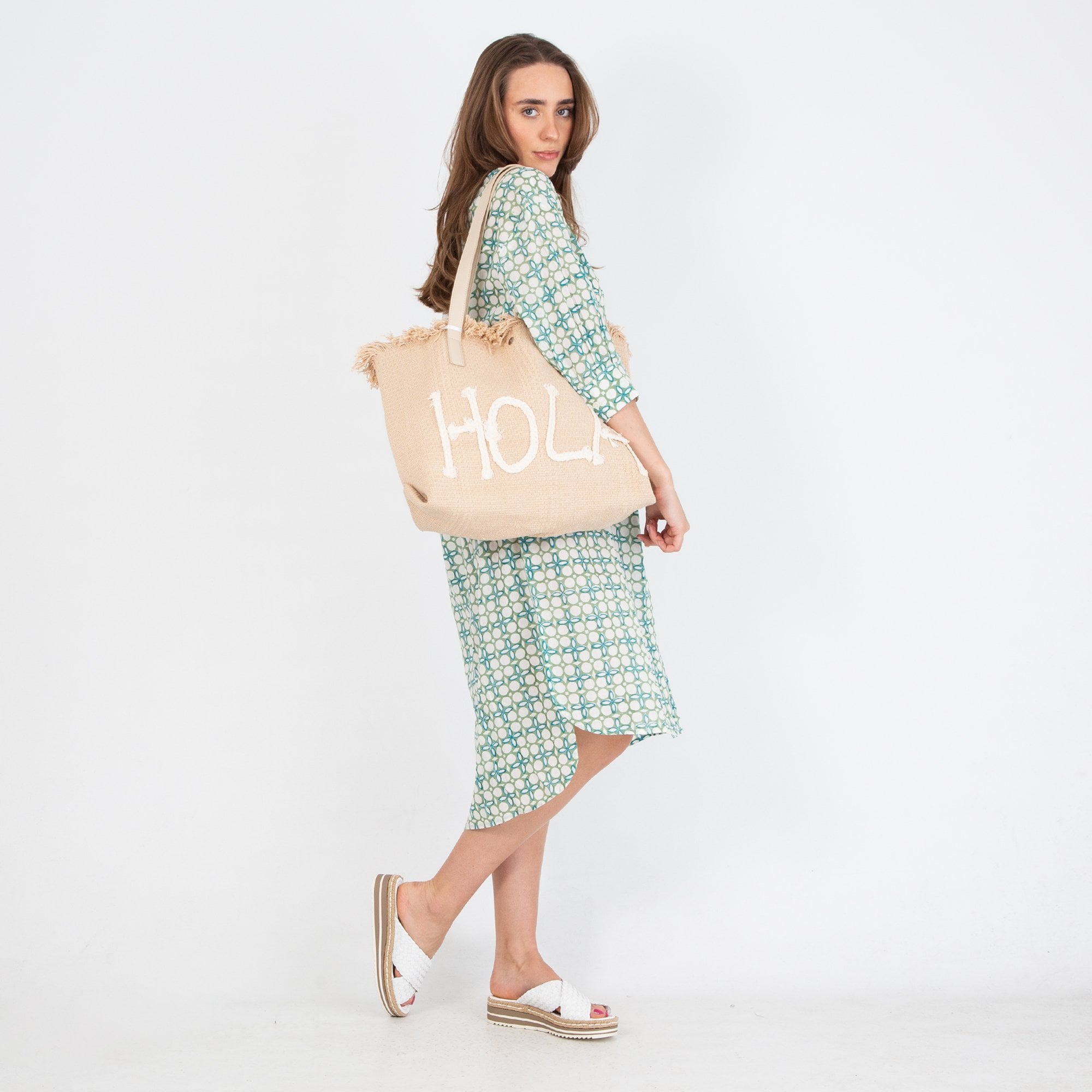 Zen Ethic Camelia Loose Bodied Cotton Shirt Dress Circle Print Green/white