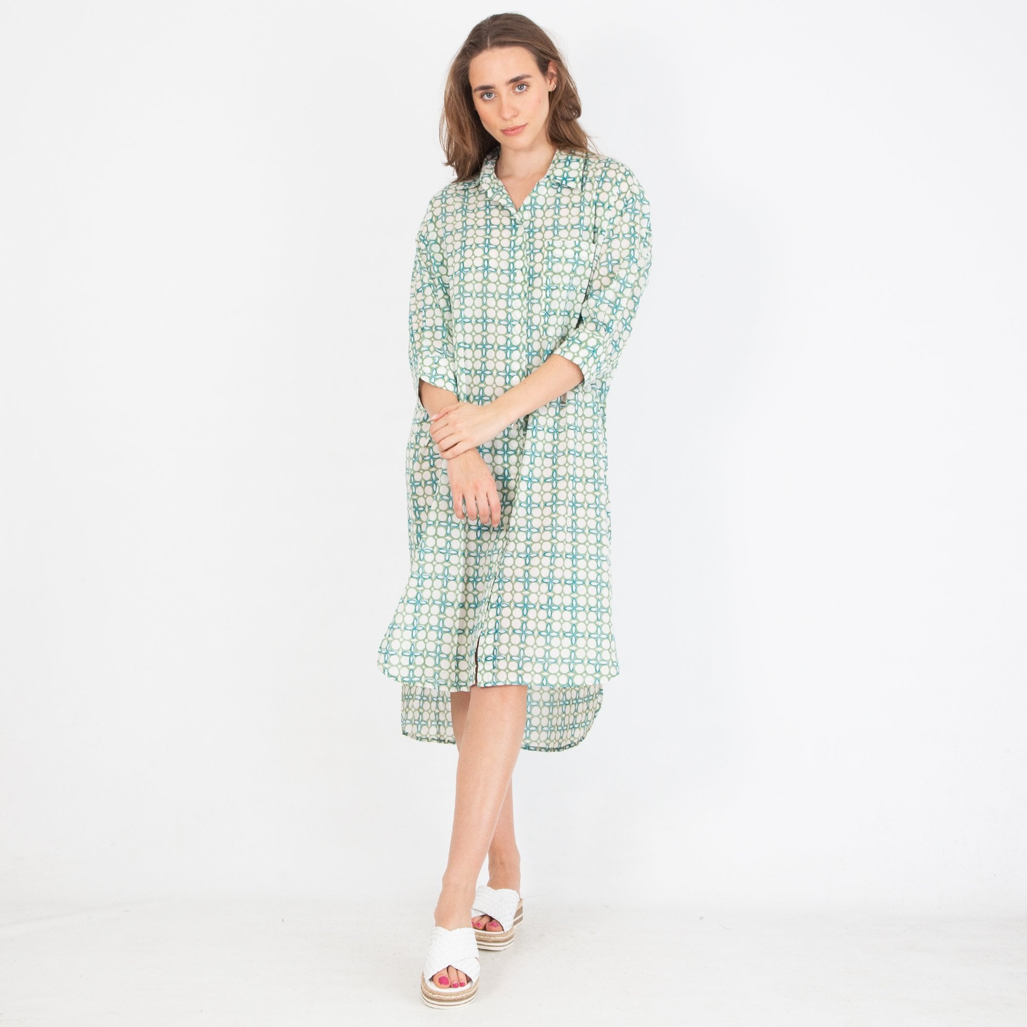 Zen Ethic Camelia Loose Bodied Cotton Shirt Dress Circle Print Green/white