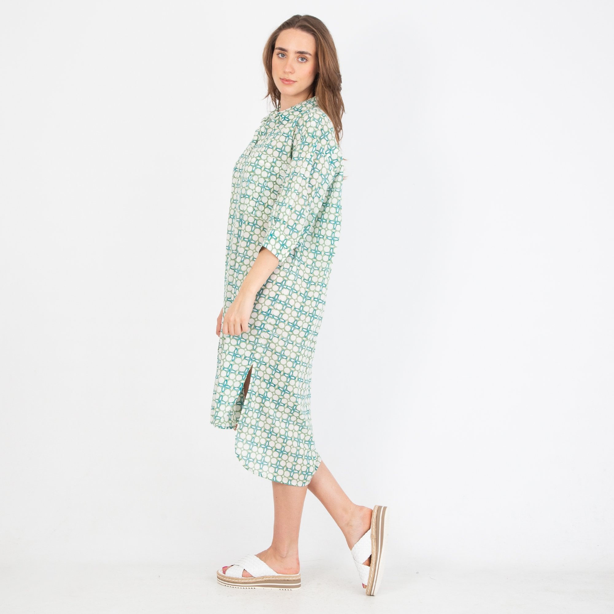 Zen Ethic Camelia Loose Bodied Cotton Shirt Dress Circle Print Green/white