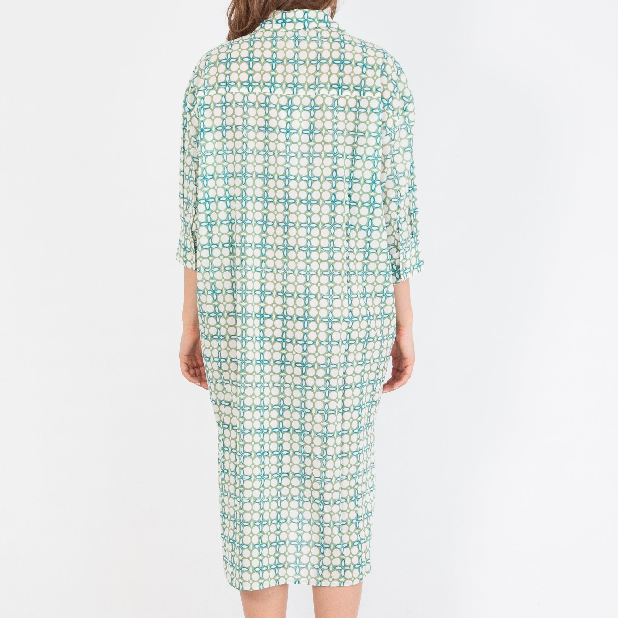 Zen Ethic Camelia Loose Bodied Cotton Shirt Dress Circle Print Green/white