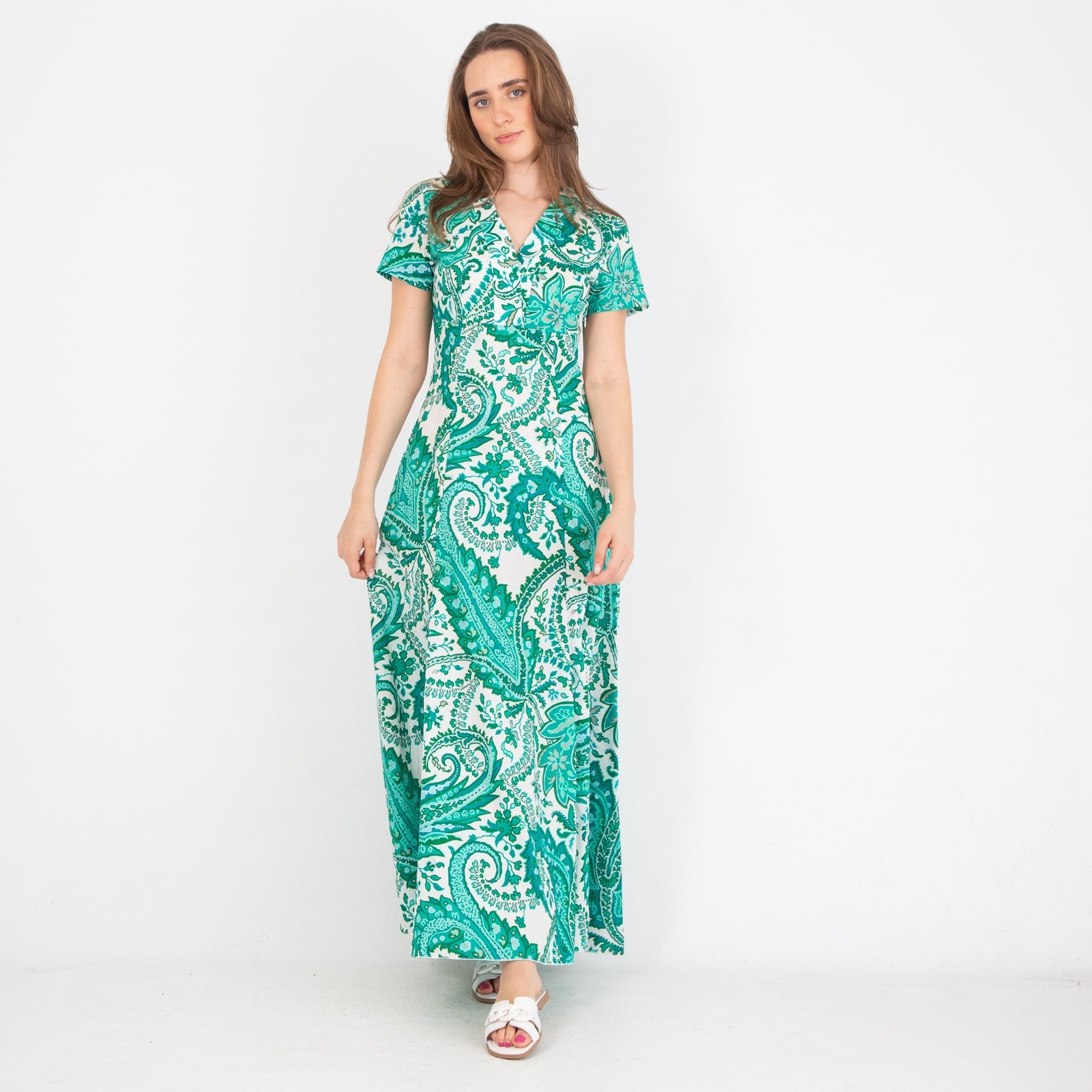 Caliban Printed V Neck Short Sleeve Maxi Dress Turquoise/white