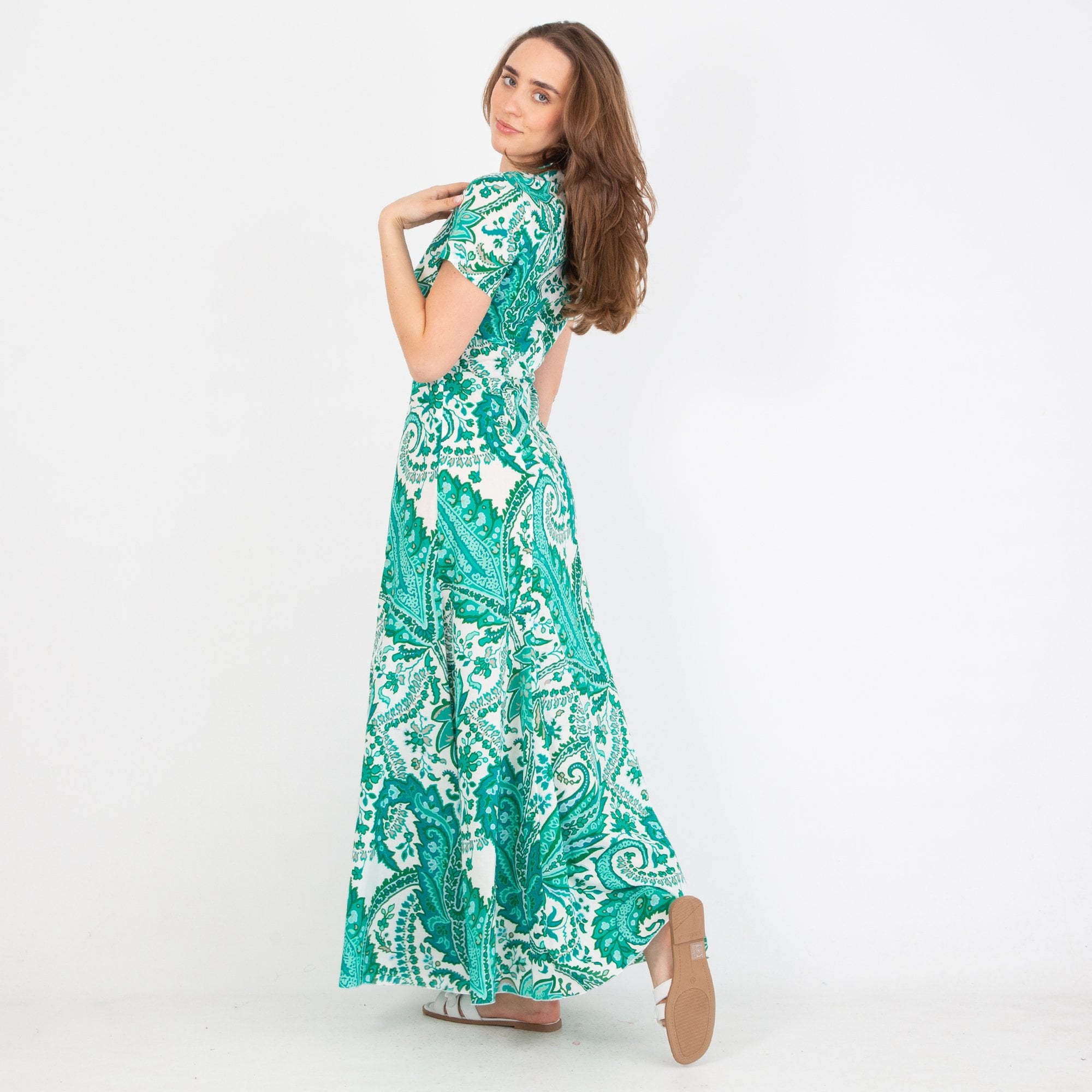 Caliban Printed V Neck Short Sleeve Maxi Dress Turquoise/white