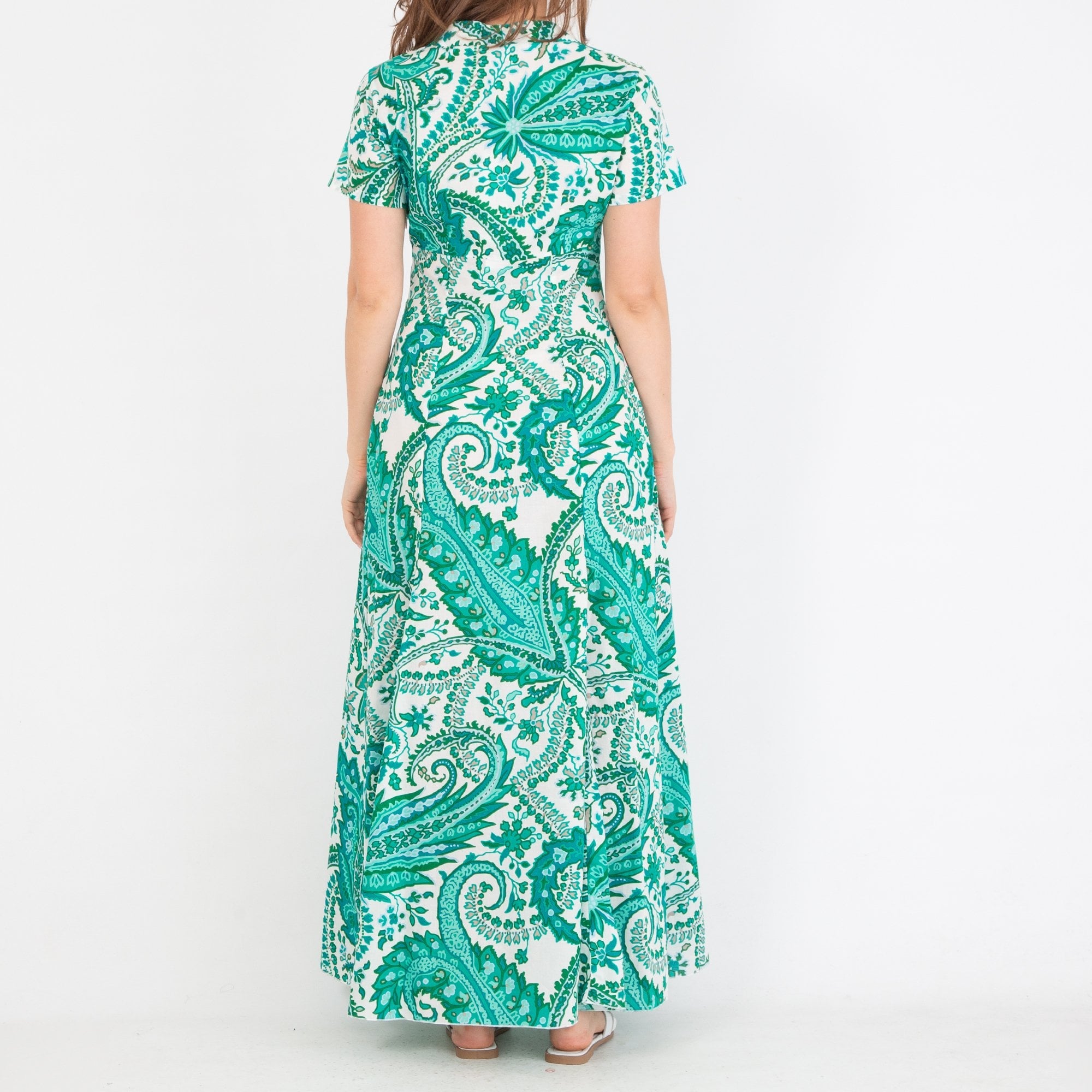 Caliban Printed V Neck Short Sleeve Maxi Dress Turquoise/white