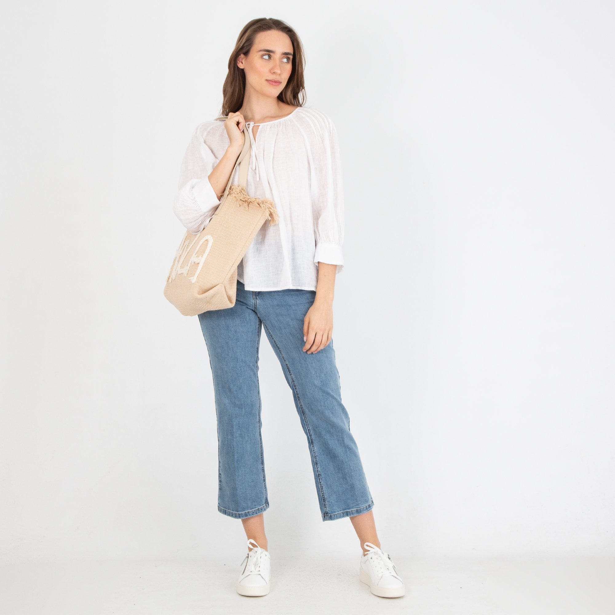 Zyga Ruched Tie Neck Bardot Linen Blouse White