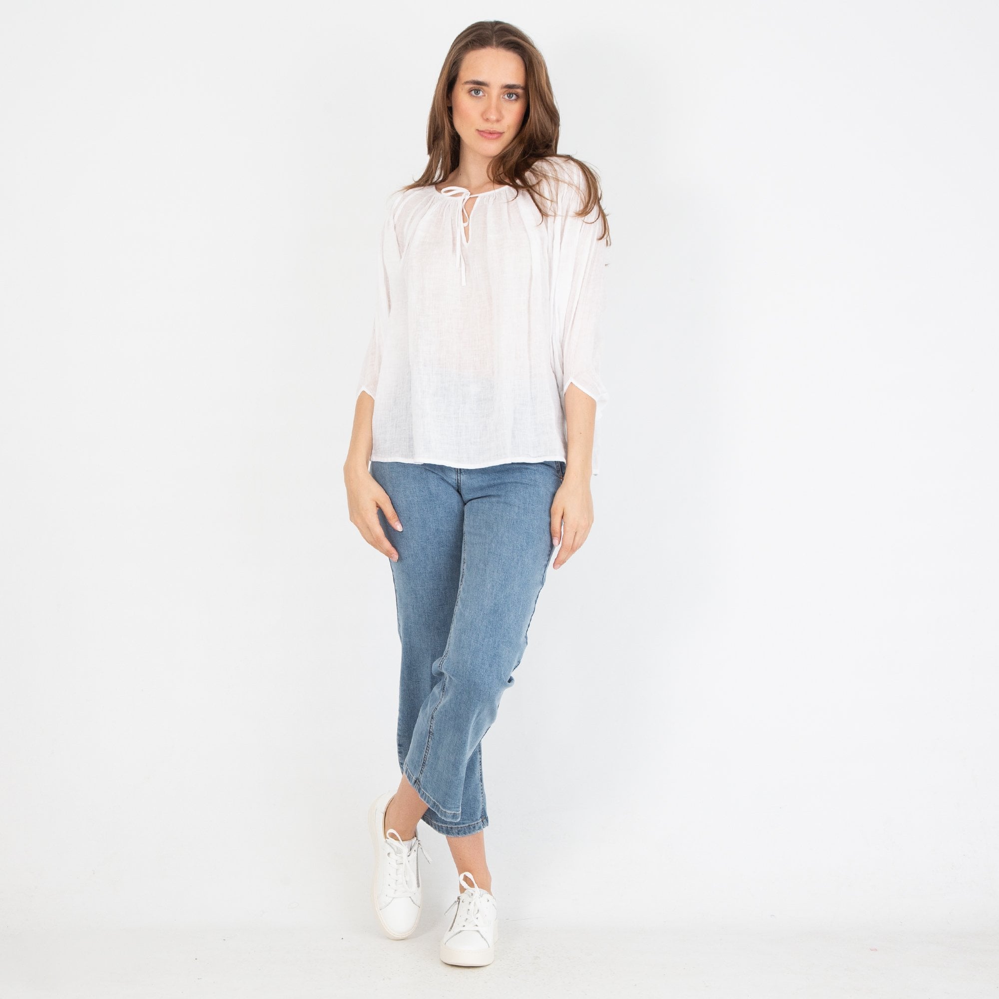 Zyga Ruched Tie Neck Bardot Linen Blouse White