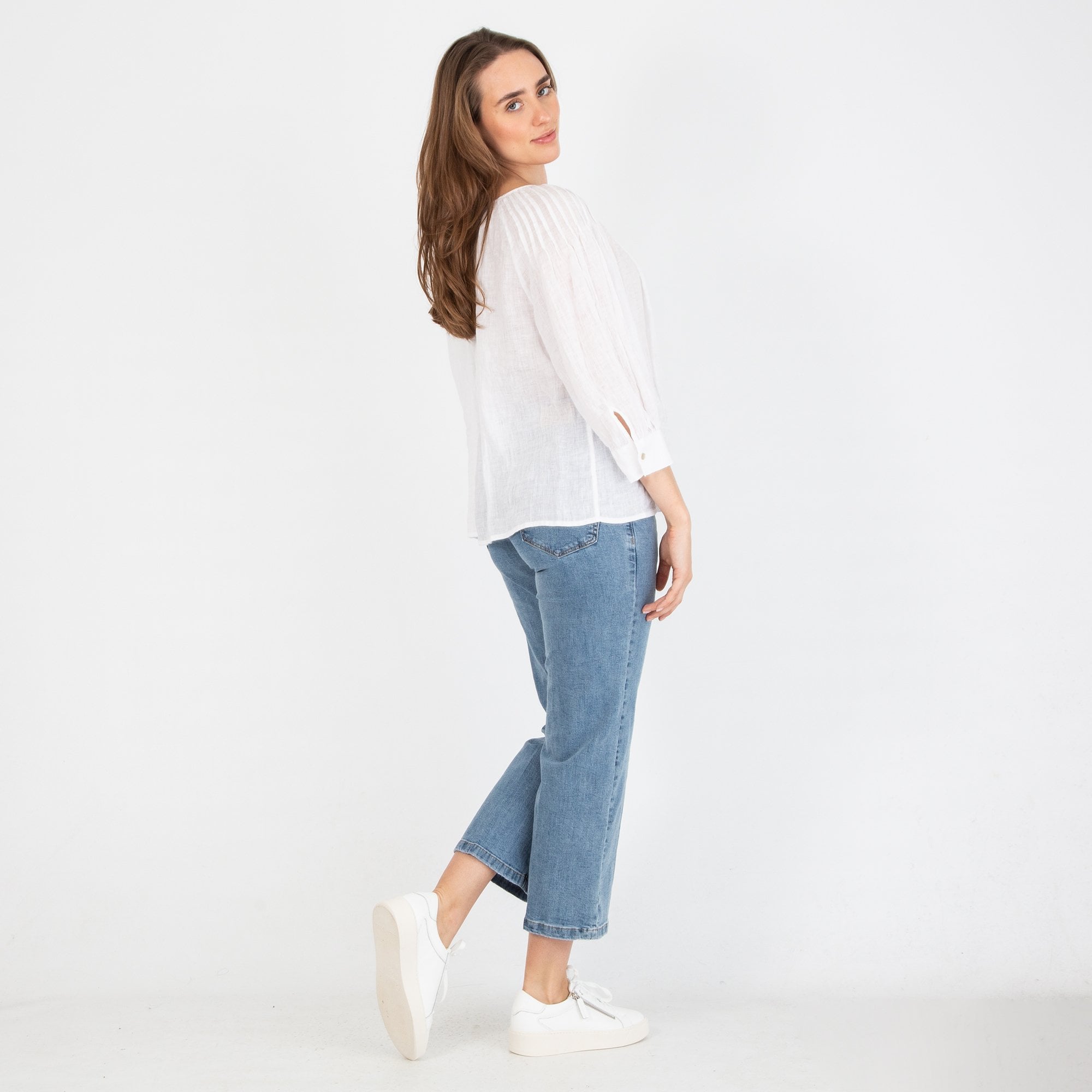 Zyga Ruched Tie Neck Bardot Linen Blouse White