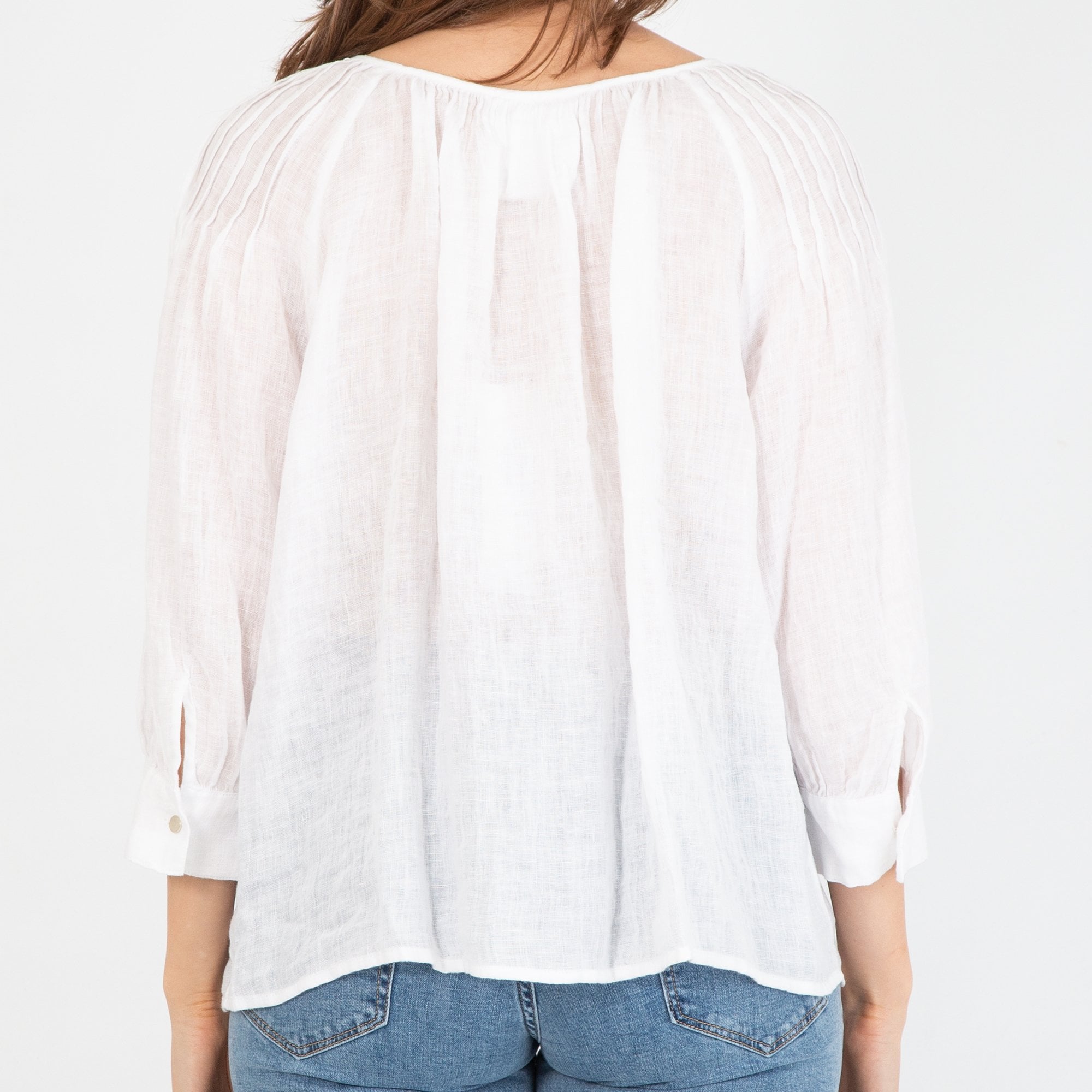 Zyga Ruched Tie Neck Bardot Linen Blouse White