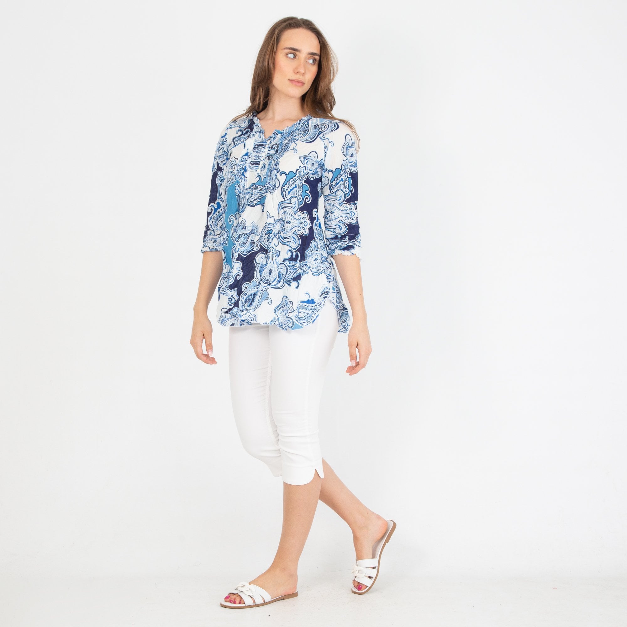 One Season Poppy Paisley Print Pleat Front V Neck Top Rhodes