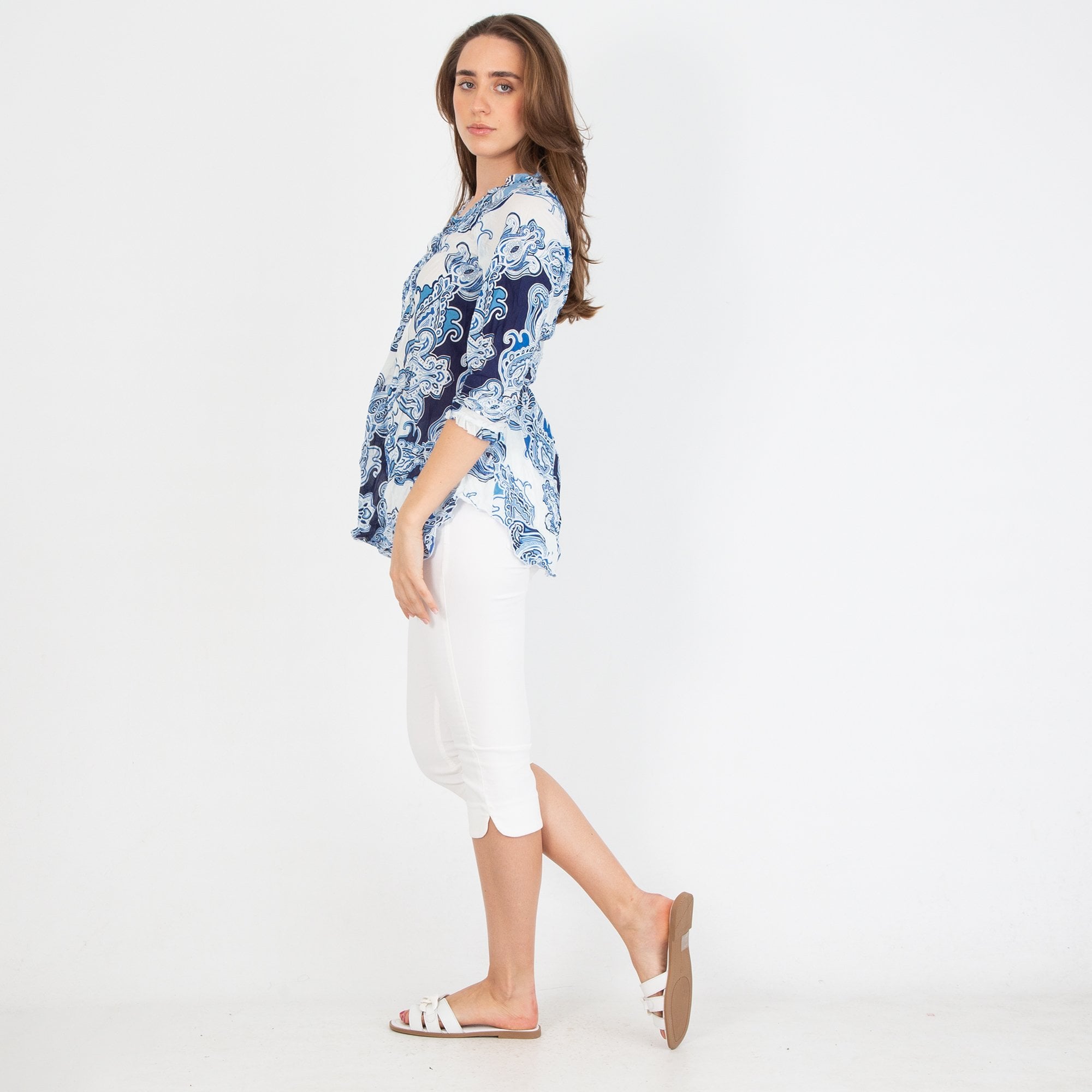 One Season Poppy Paisley Print Pleat Front V Neck Top Rhodes