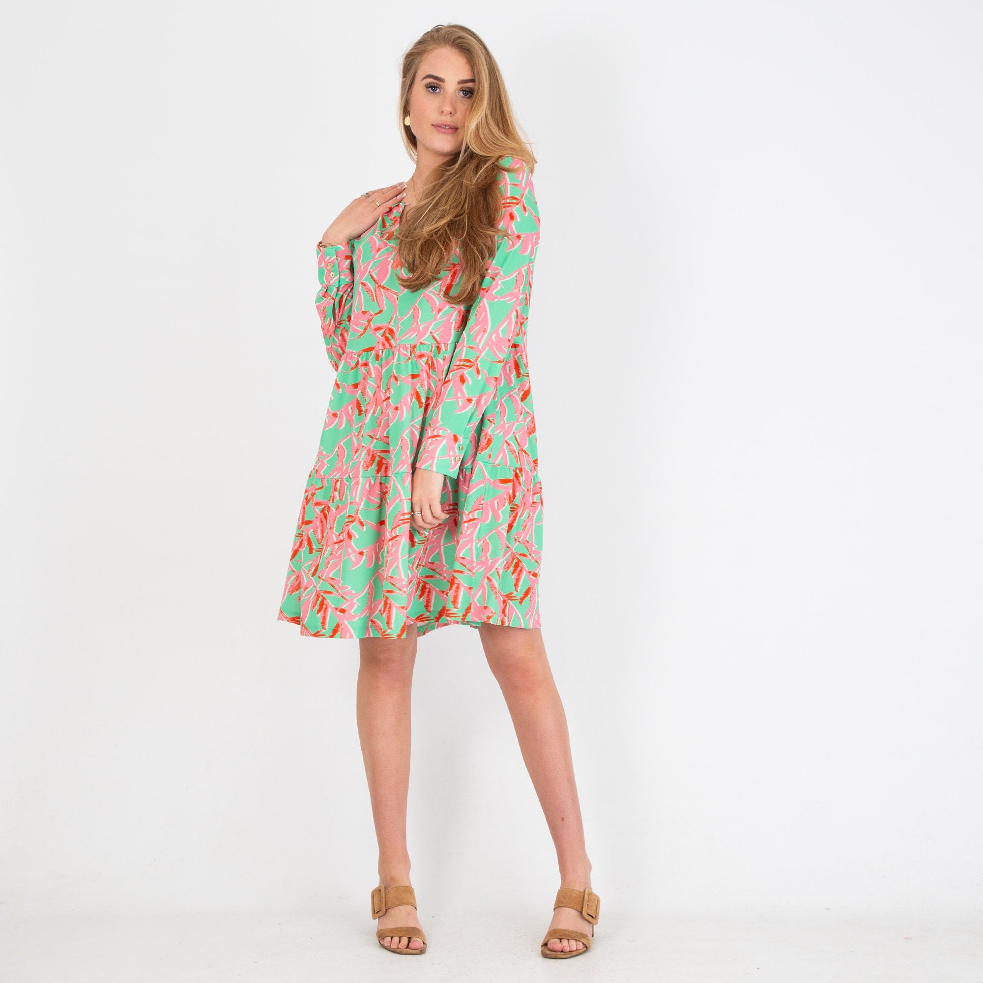 Marc Cain Leaf Print Tiered Button Neck Dress Green/coral