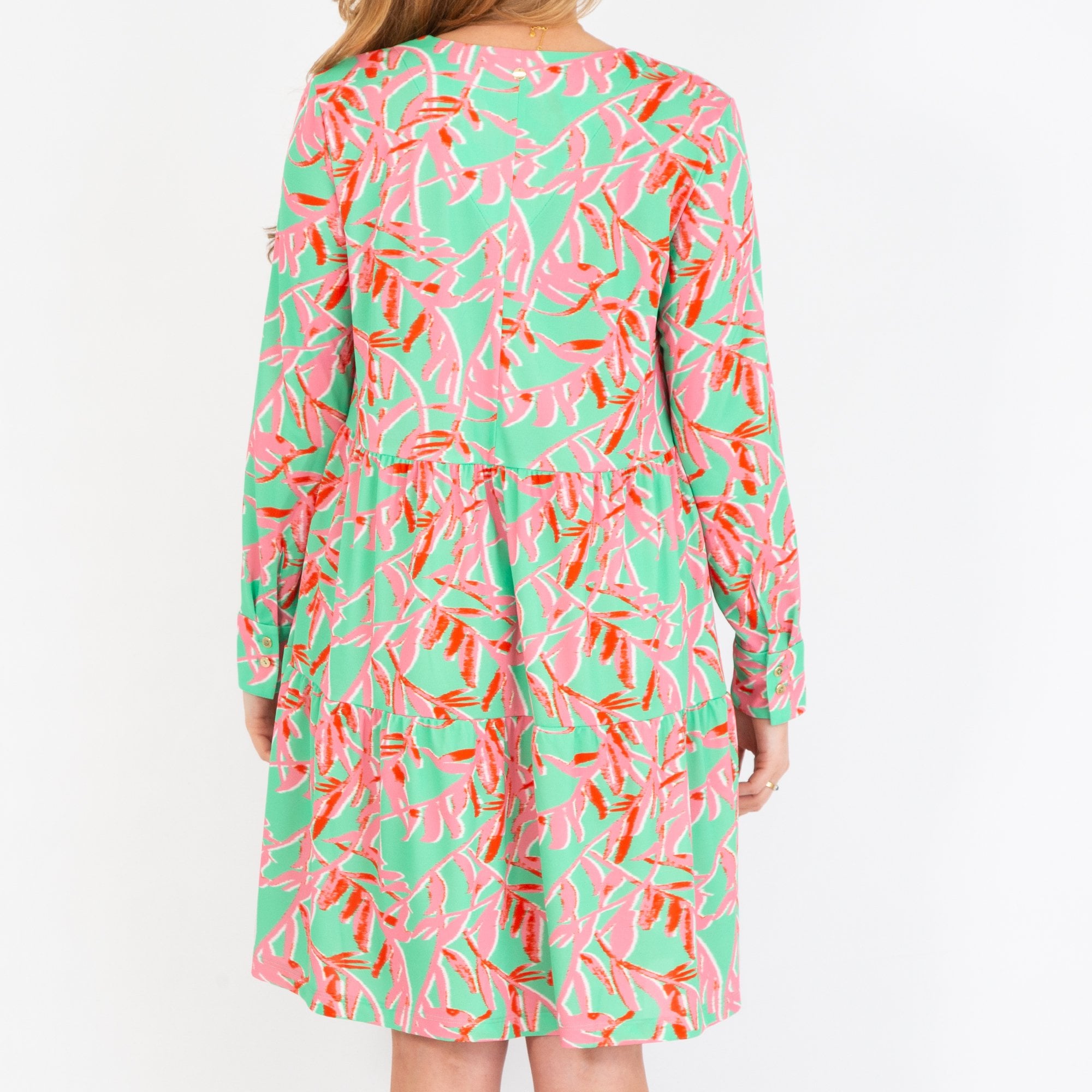 Marc Cain Leaf Print Tiered Button Neck Dress Green/coral
