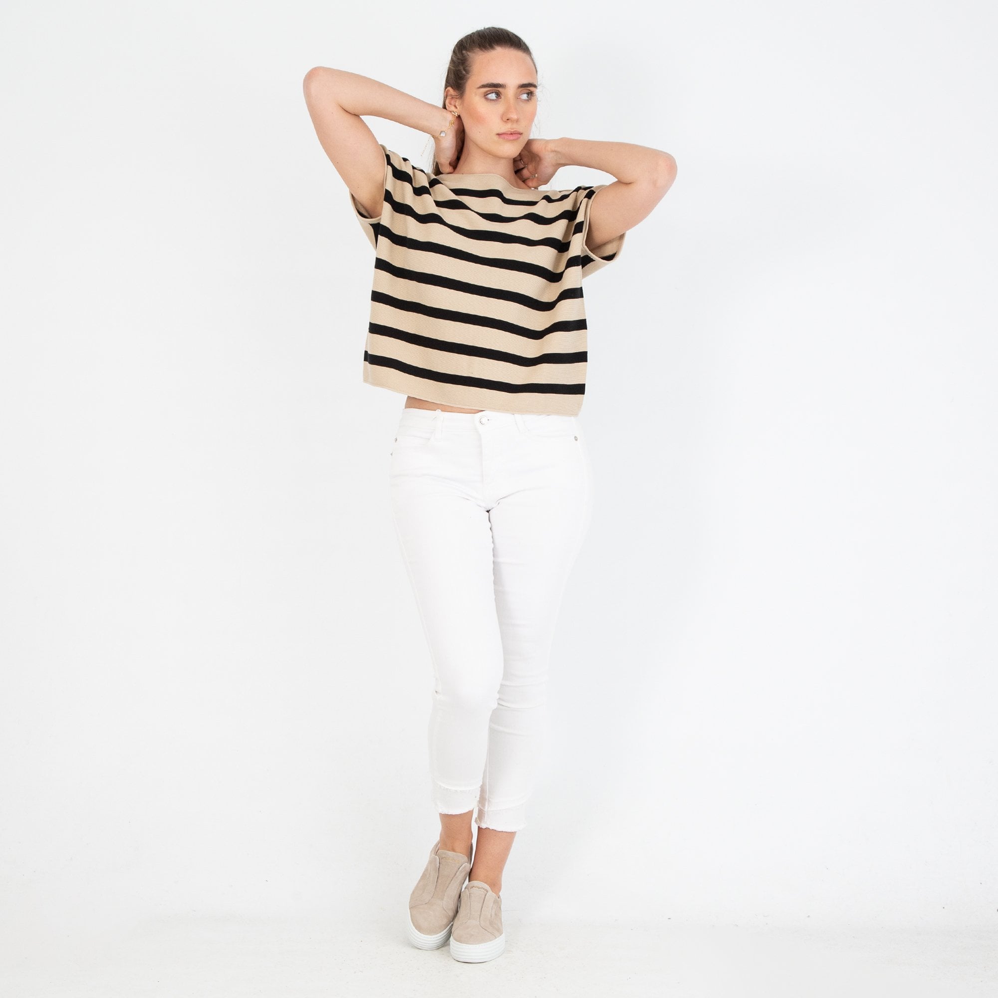 Luisa Cerano Stripe Knit Jumper With Shoulder Buttons Beige/black
