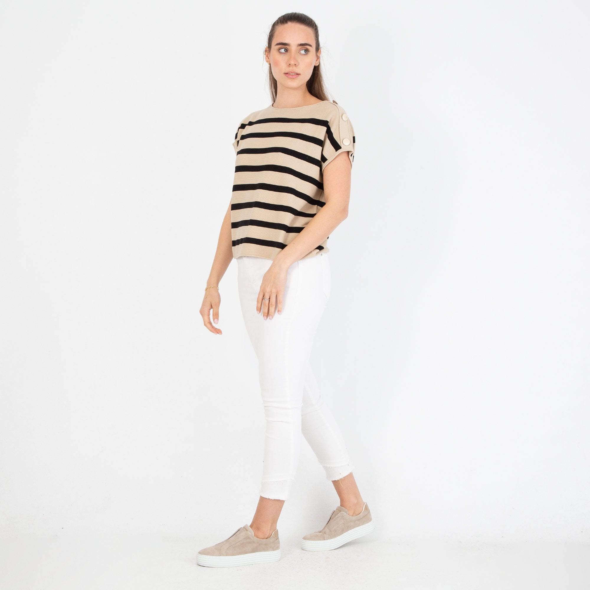 Luisa Cerano Stripe Knit Jumper With Shoulder Buttons Beige/black