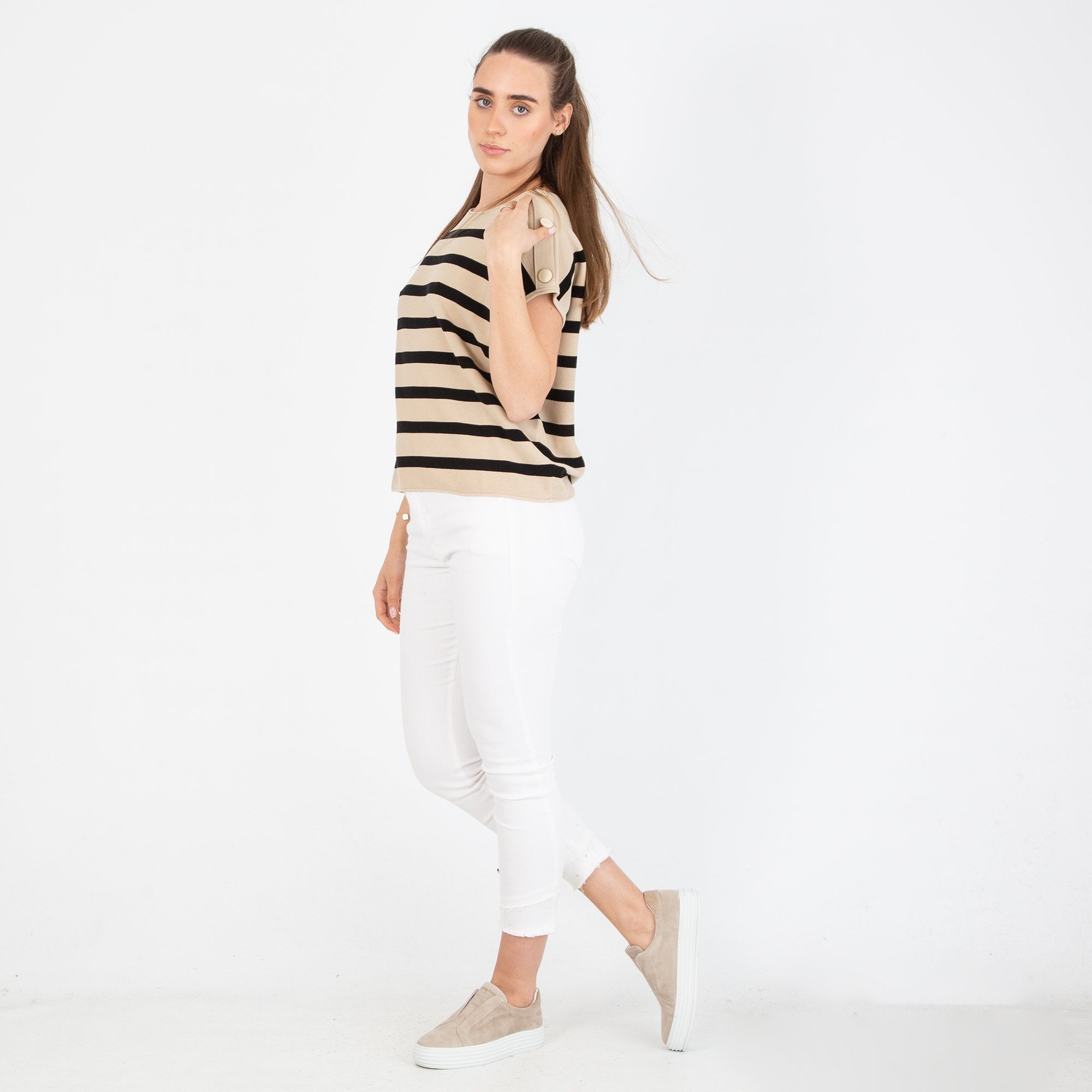 Luisa Cerano Stripe Knit Jumper With Shoulder Buttons Beige/black
