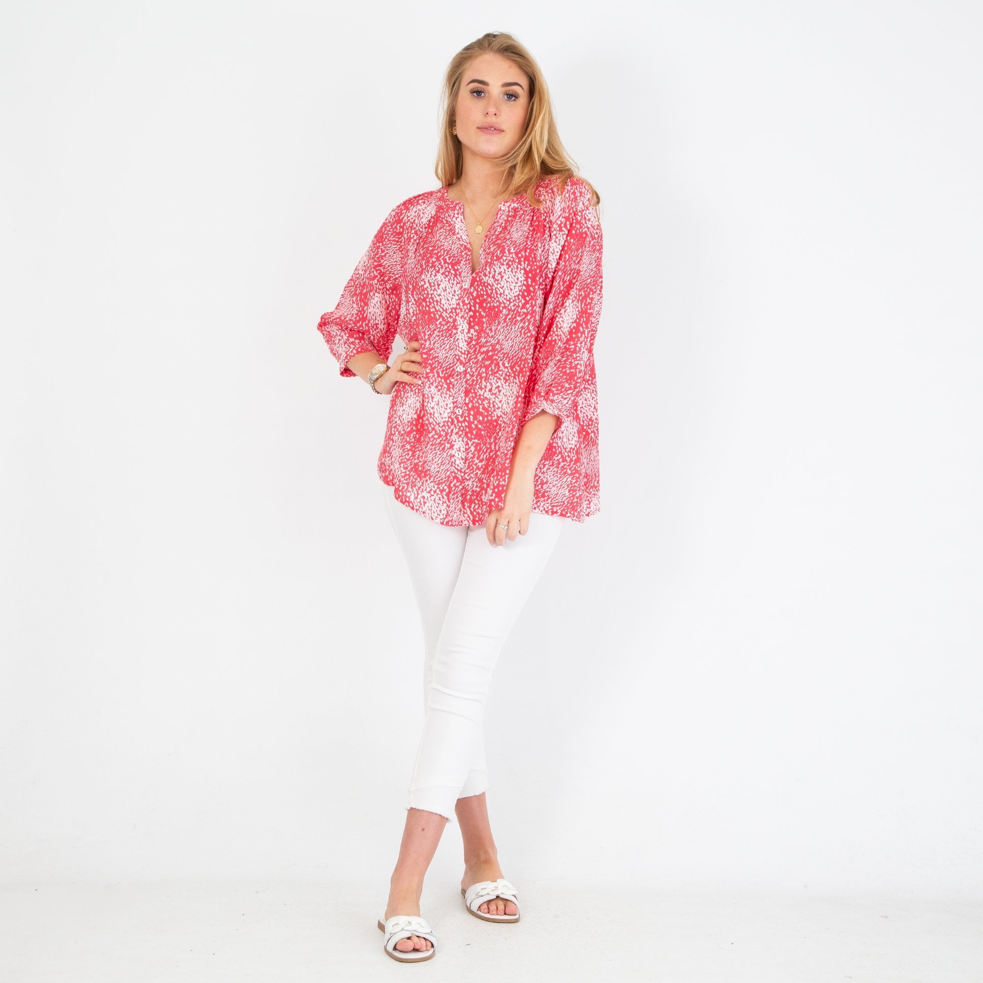 Sahara Speckled Print Balloon Sleeve Blouse Pink/white