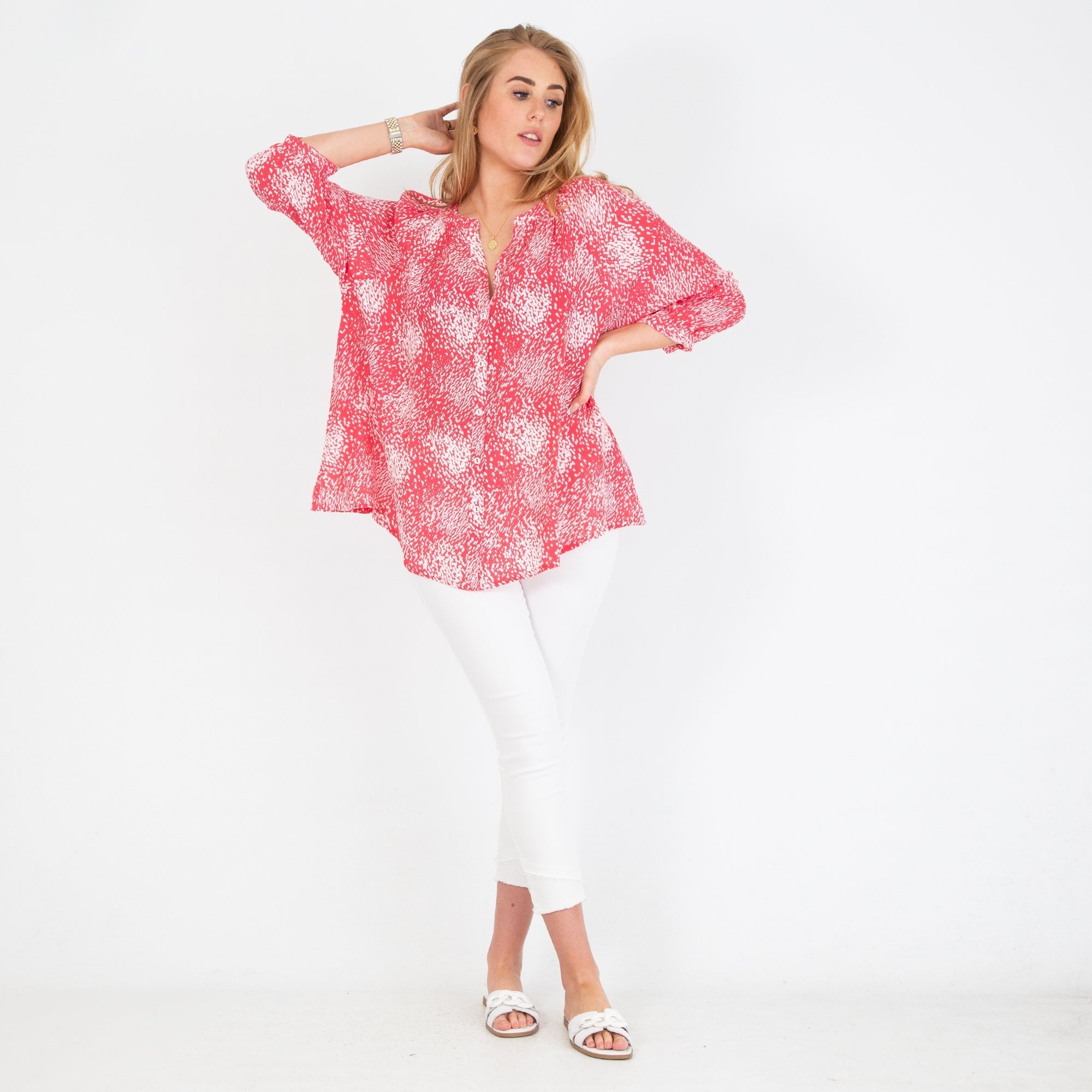Sahara Speckled Print Balloon Sleeve Blouse Pink/white