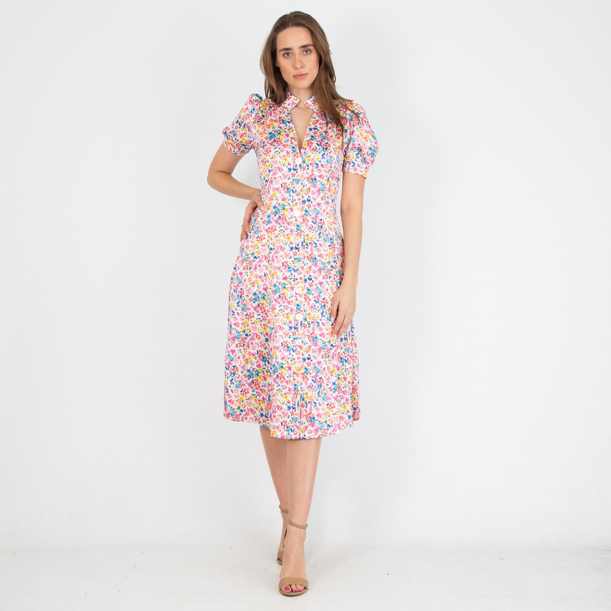 Sirens Cora Mandarin V Collar Ditsy Floral Midi Dress Cream Multi