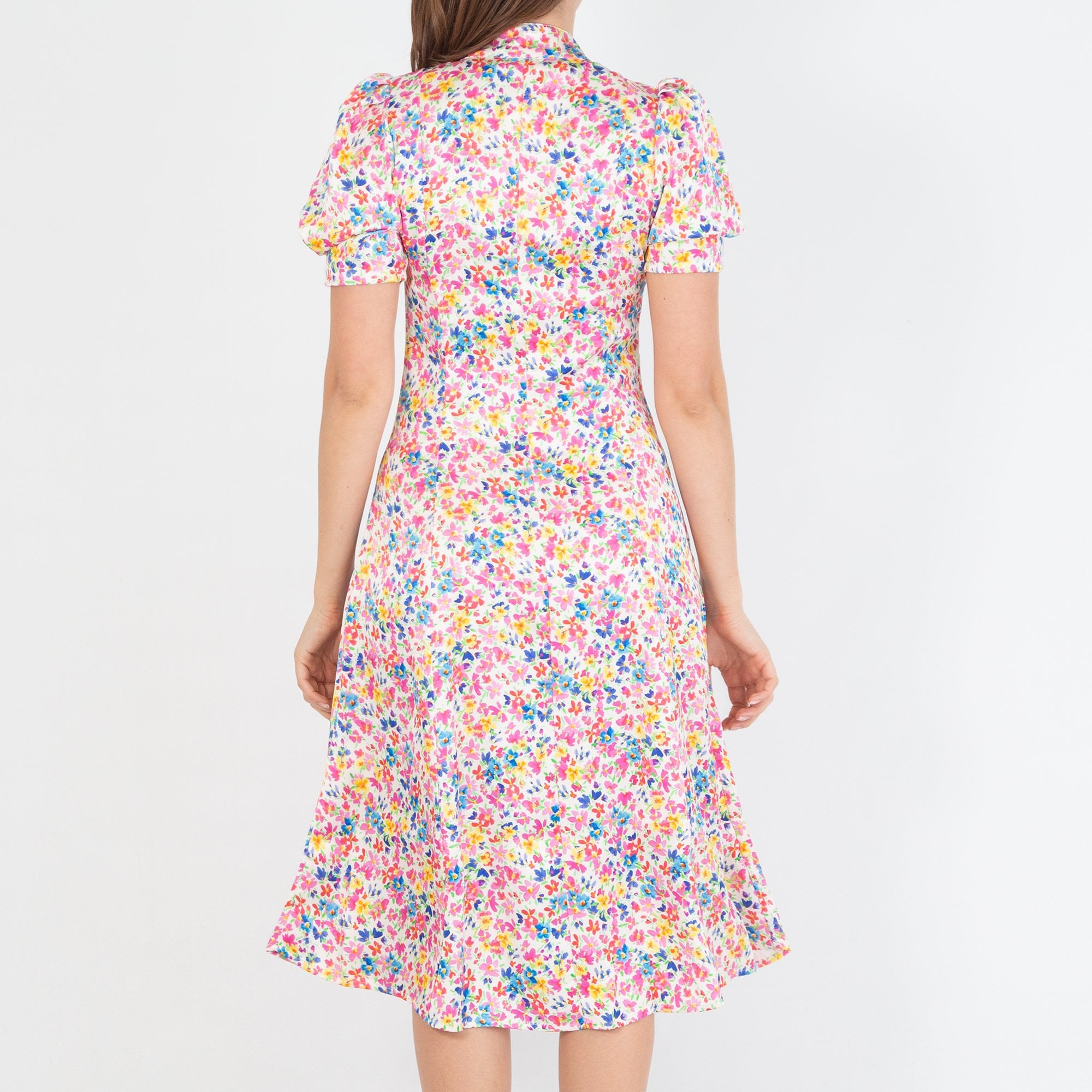 Sirens Cora Mandarin V Collar Ditsy Floral Midi Dress Cream Multi