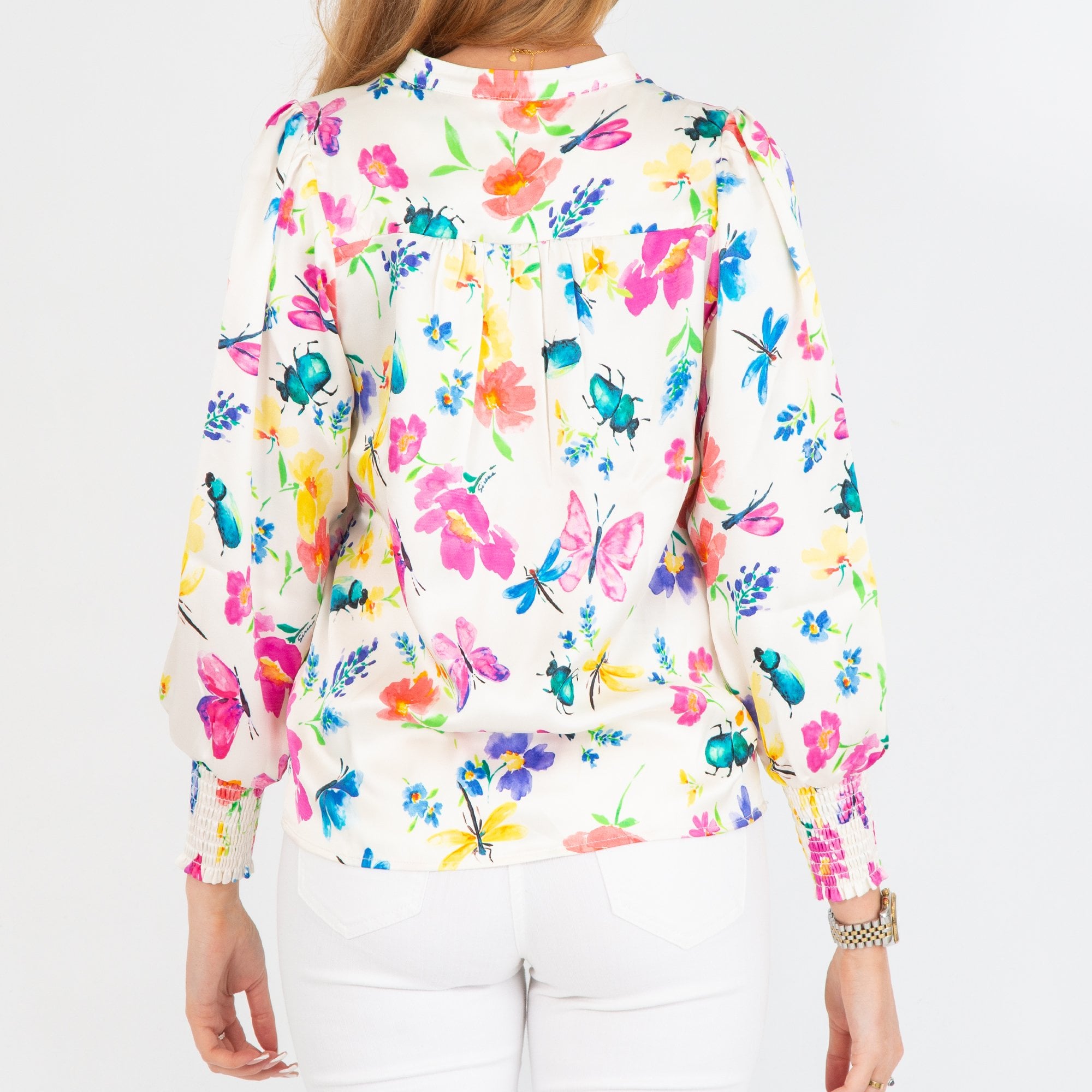 Sirens Dawn Split Neck Floral Print Blouse With Elasticated Cuff Cream Multi