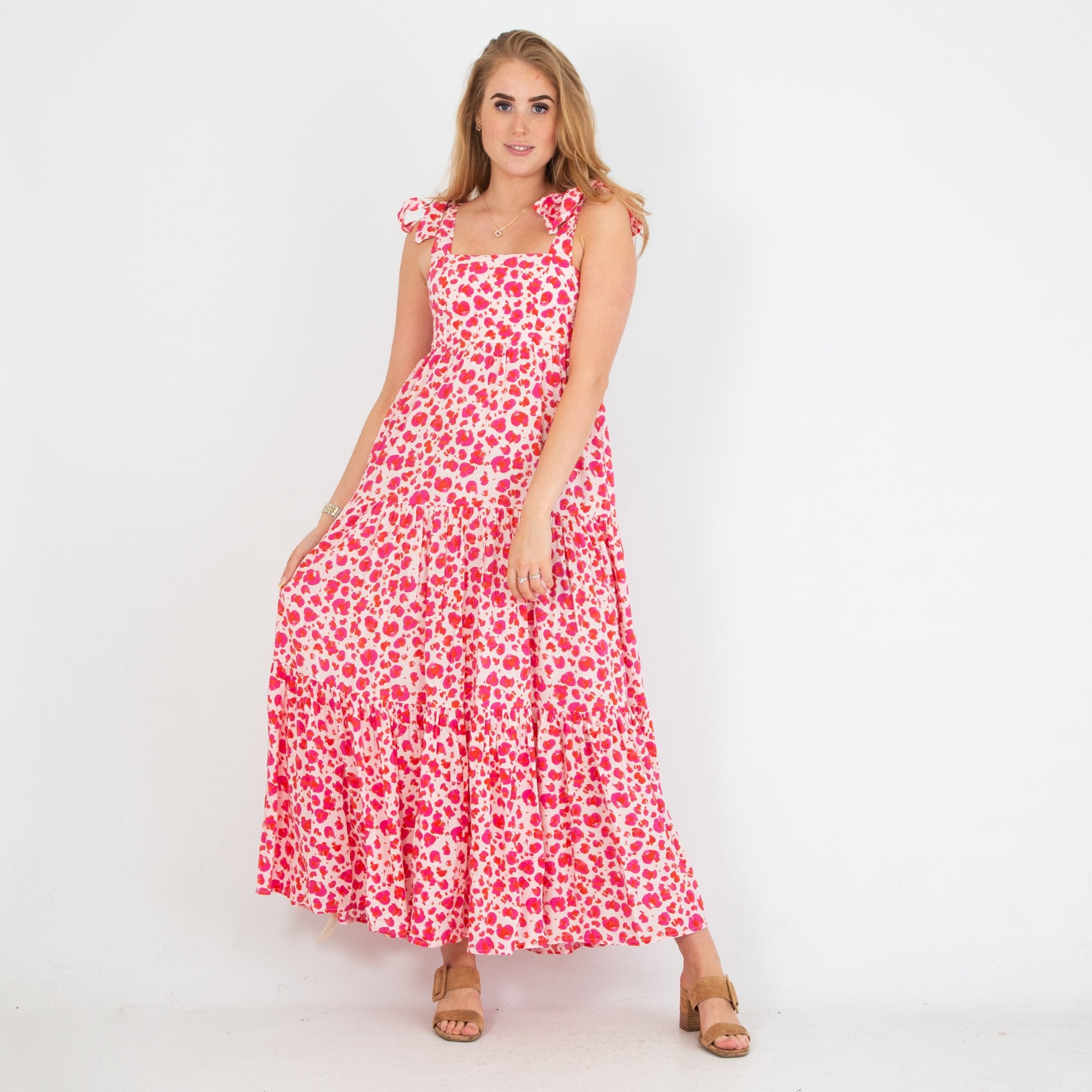 Aspiga Tabitha A Leopard Print Tie Shoulder Tiered Maxi Dress Cheetah Pink/cream