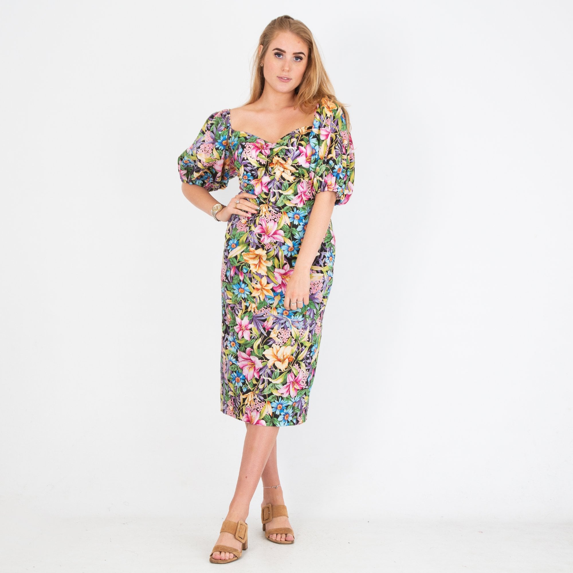 Arggido Floral Print Lace Tie Back Dress Black Multi