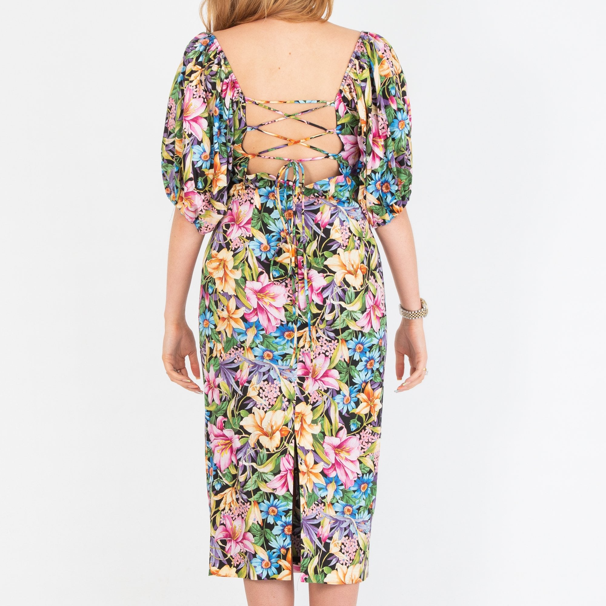 Arggido Floral Print Lace Tie Back Dress Black Multi