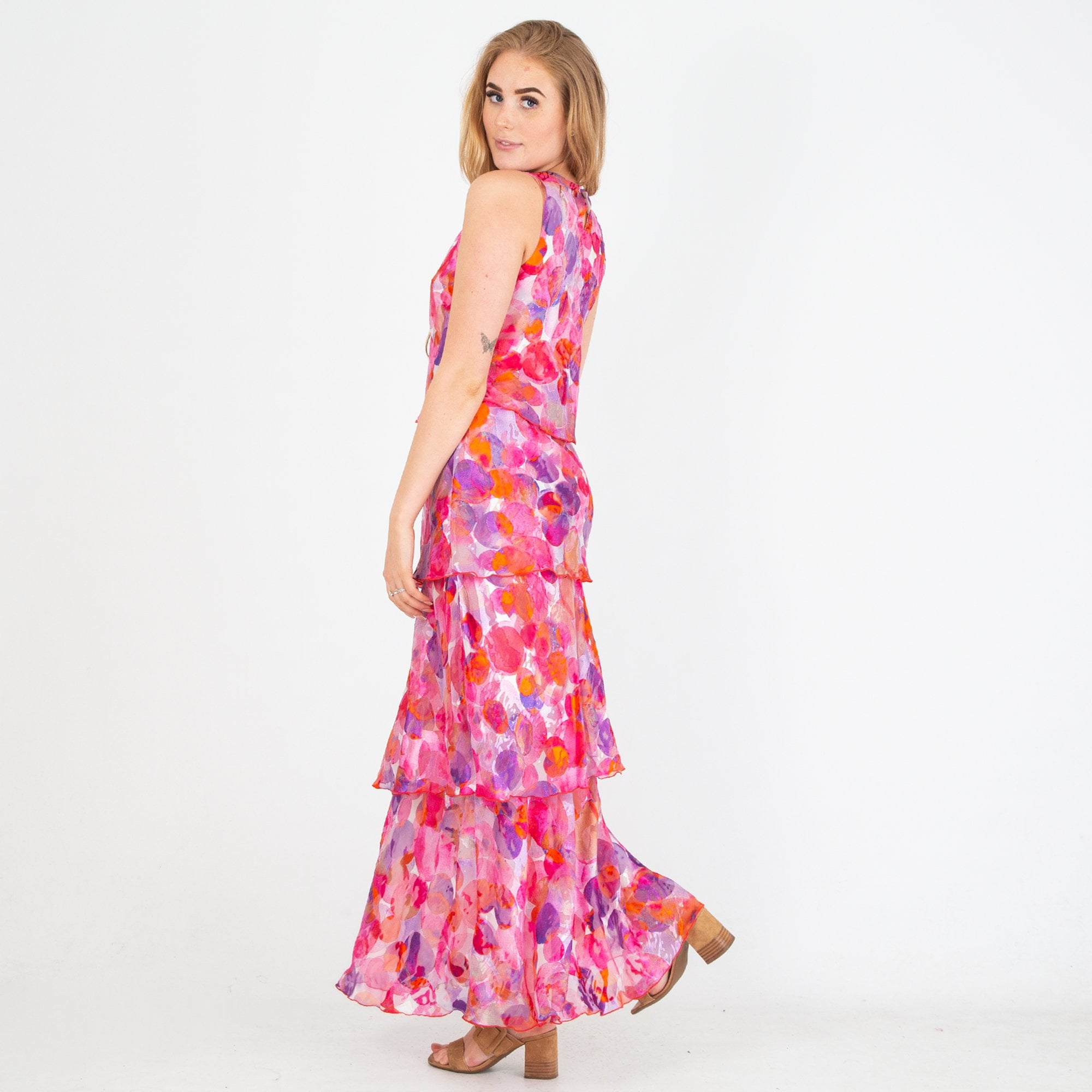 Allison Designs Circle Print Tiered Layered Sleeveless Silk Dress Pink/purple