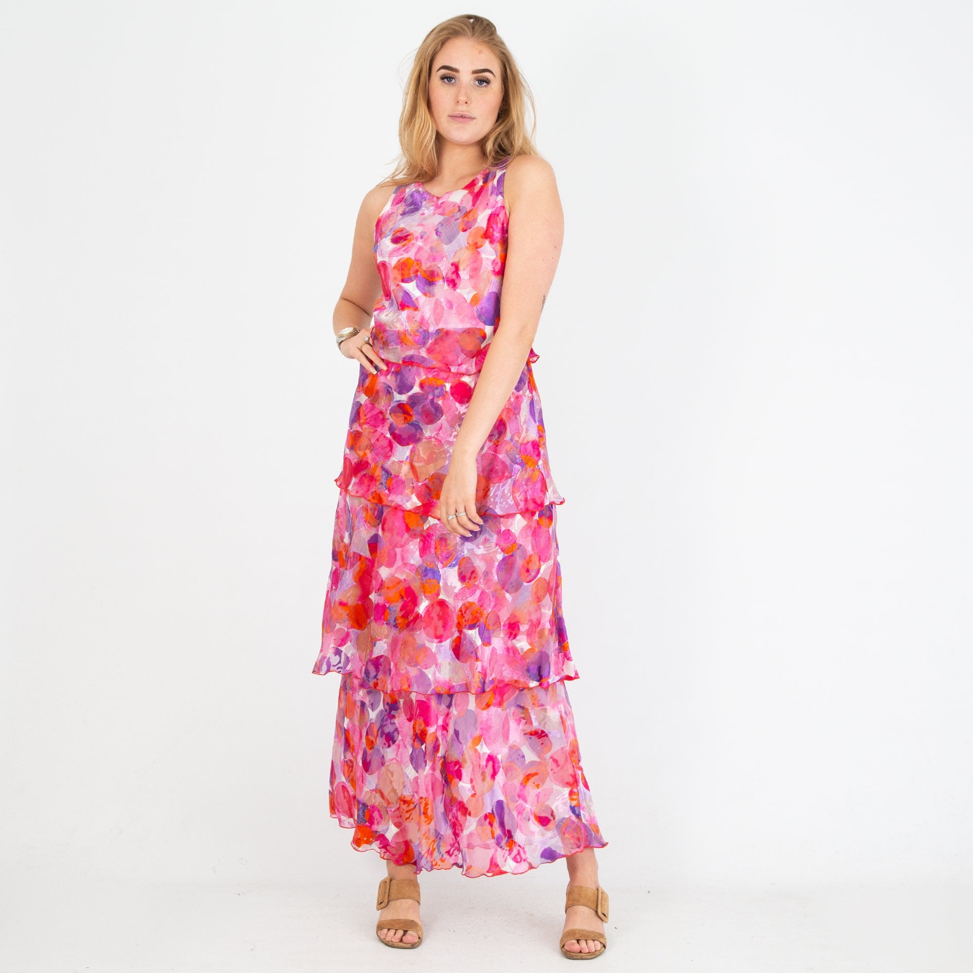 Allison Designs Circle Print Tiered Layered Sleeveless Silk Dress Pink/purple