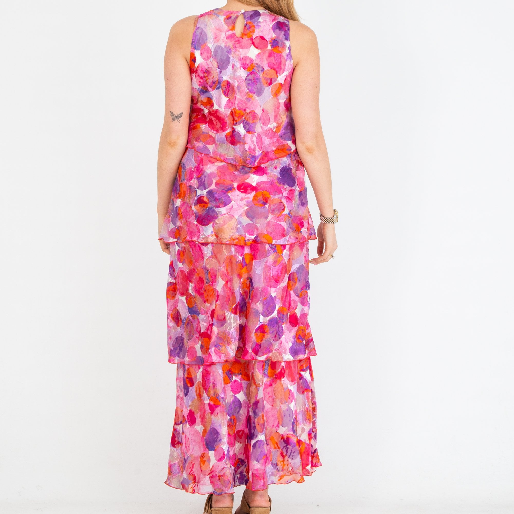 Allison Designs Circle Print Tiered Layered Sleeveless Silk Dress Pink/purple