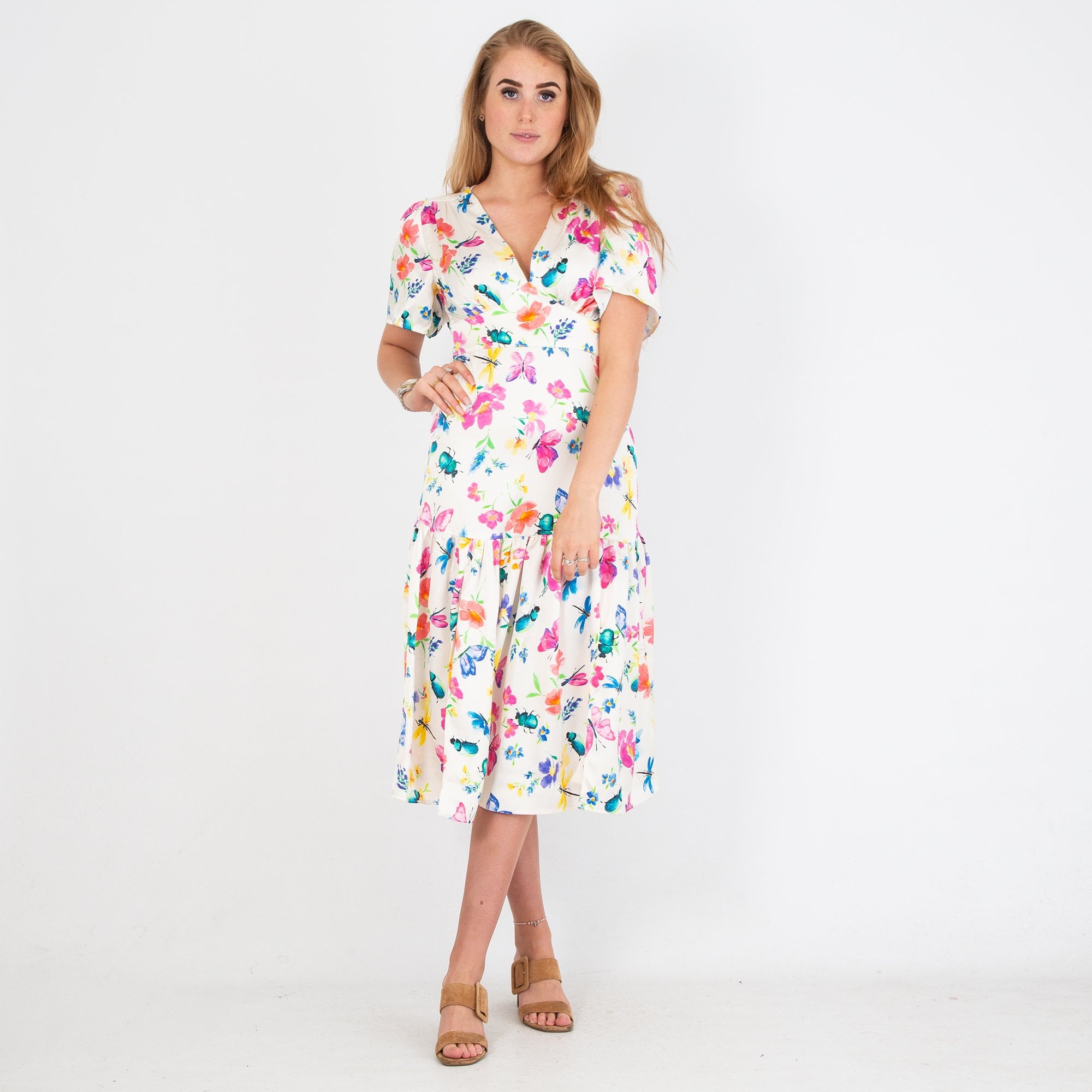 Sirens Imelda Empire Seam Floral Print Tiered Dress Cream Multi