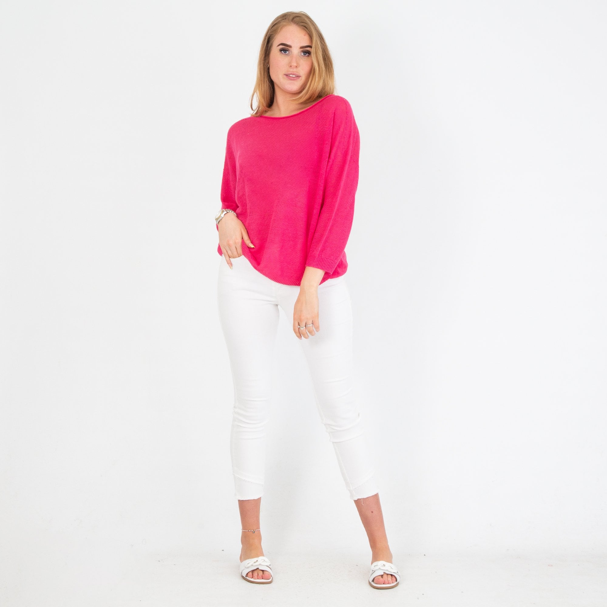 Oui Round Neck Linen Mix Knit Jumper Fuchsia