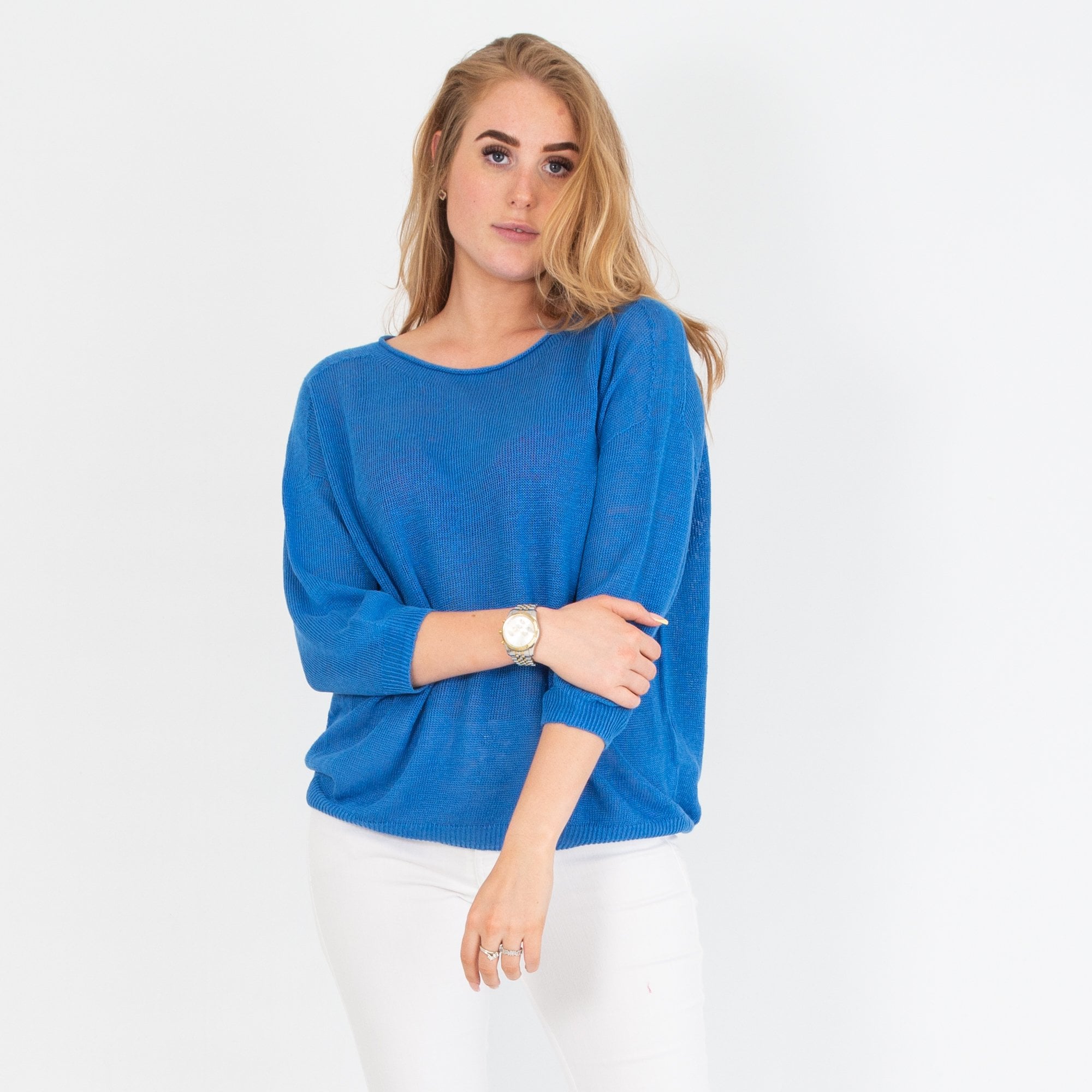Oui Round Neck Linen Mix Knit Jumper Pale Cobalt