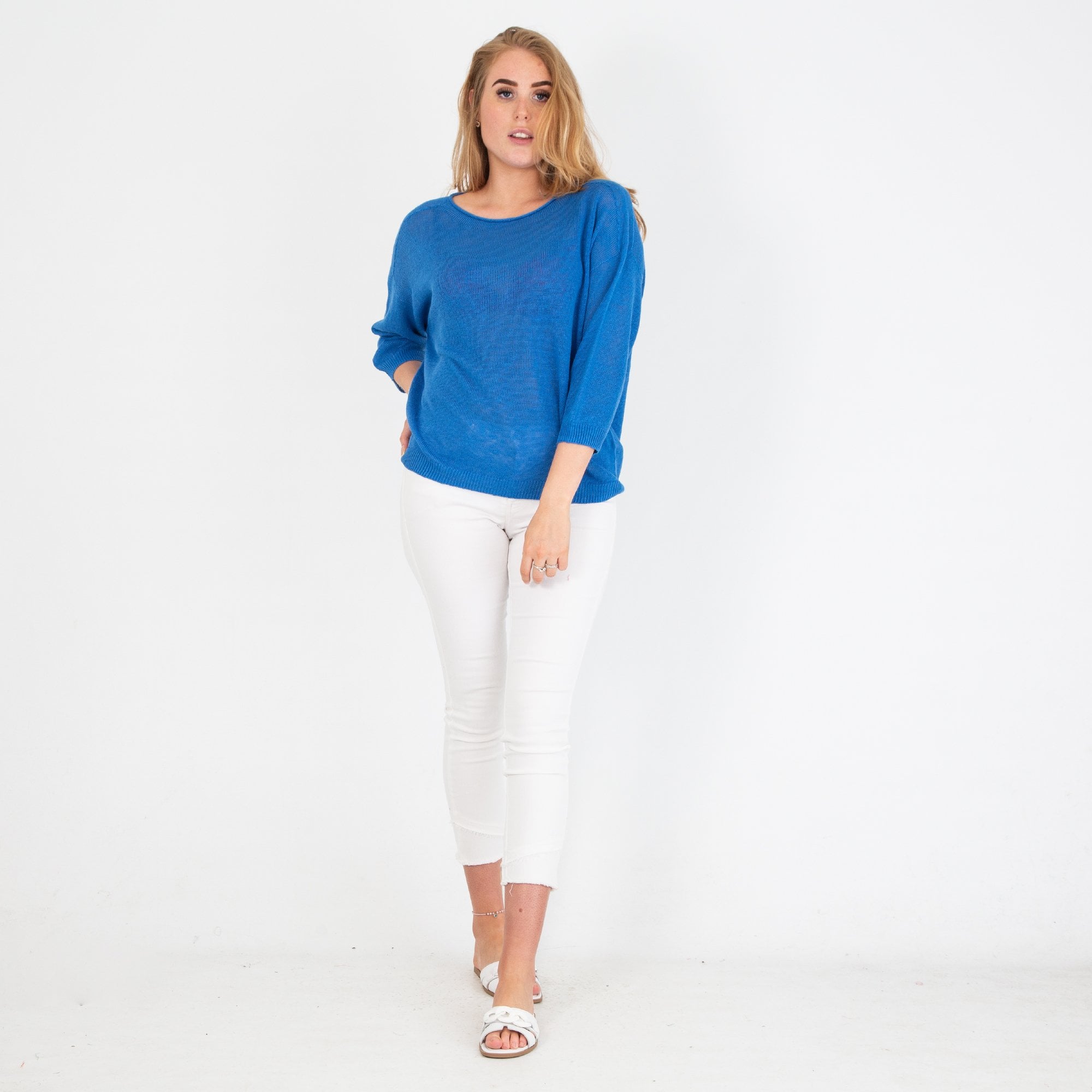 Oui Round Neck Linen Mix Knit Jumper Pale Cobalt