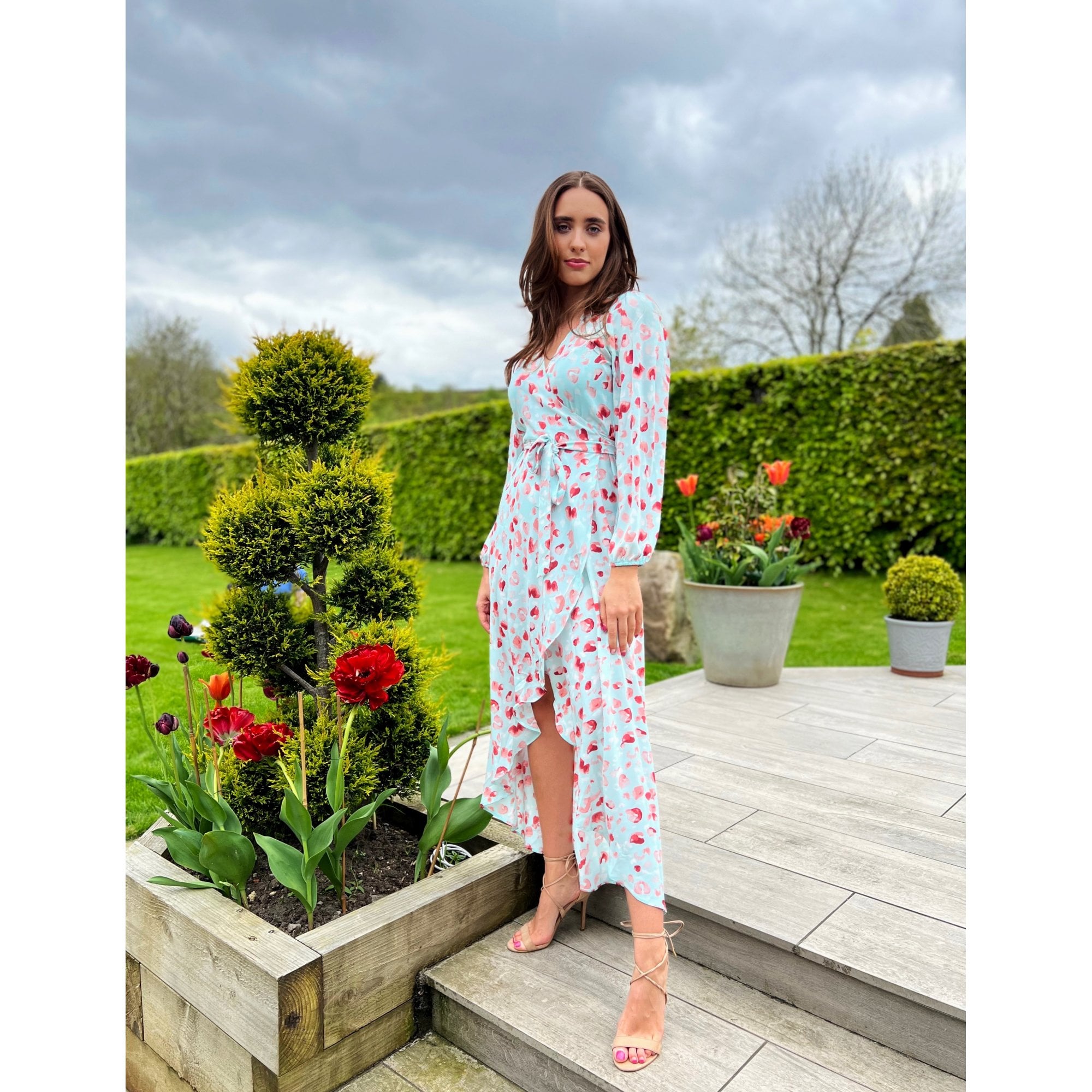 Neon Star Long Sleeve Wrap Kiss Print Long Dress Mint/Pink