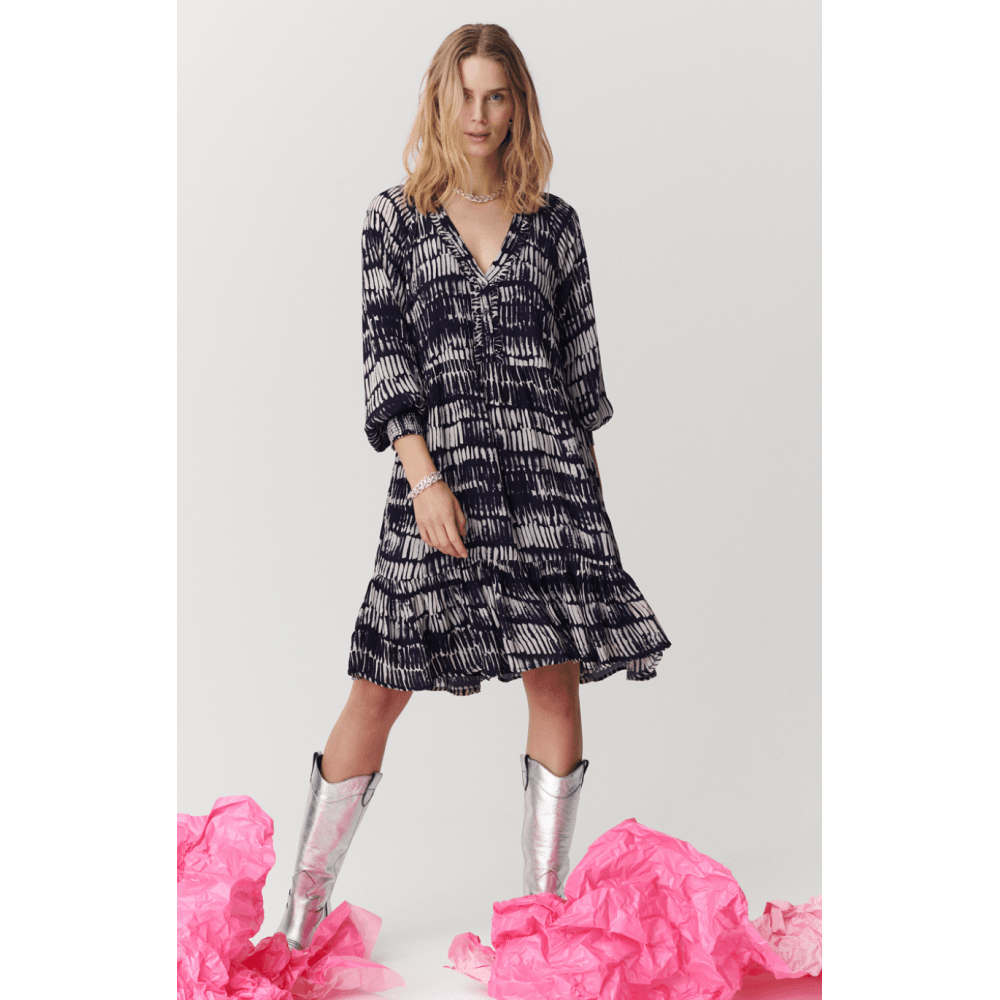 Moliin Louise Oblong Print Short Dress With Elasticated Sleeves Navy/ivory