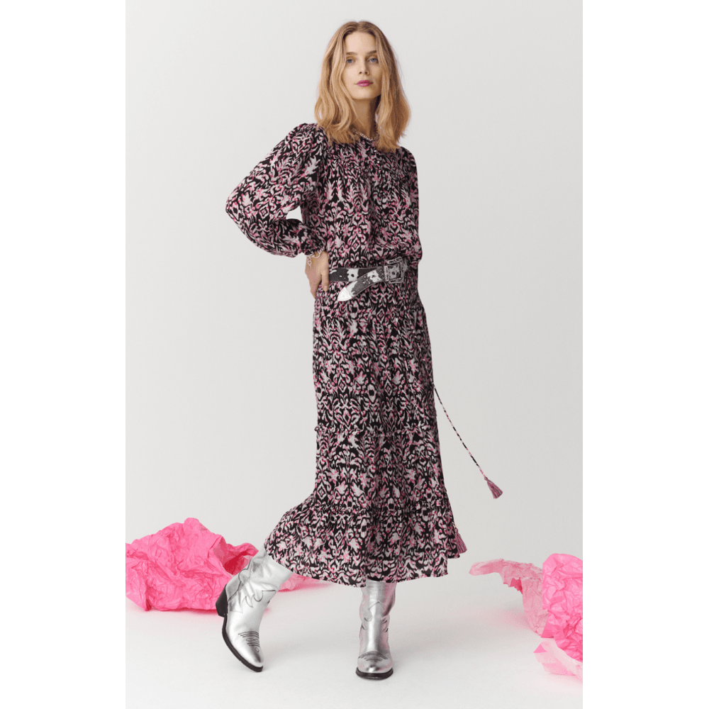 Moliin Nicole Midi Ikat Print Button Down Belted Dress Black/pink