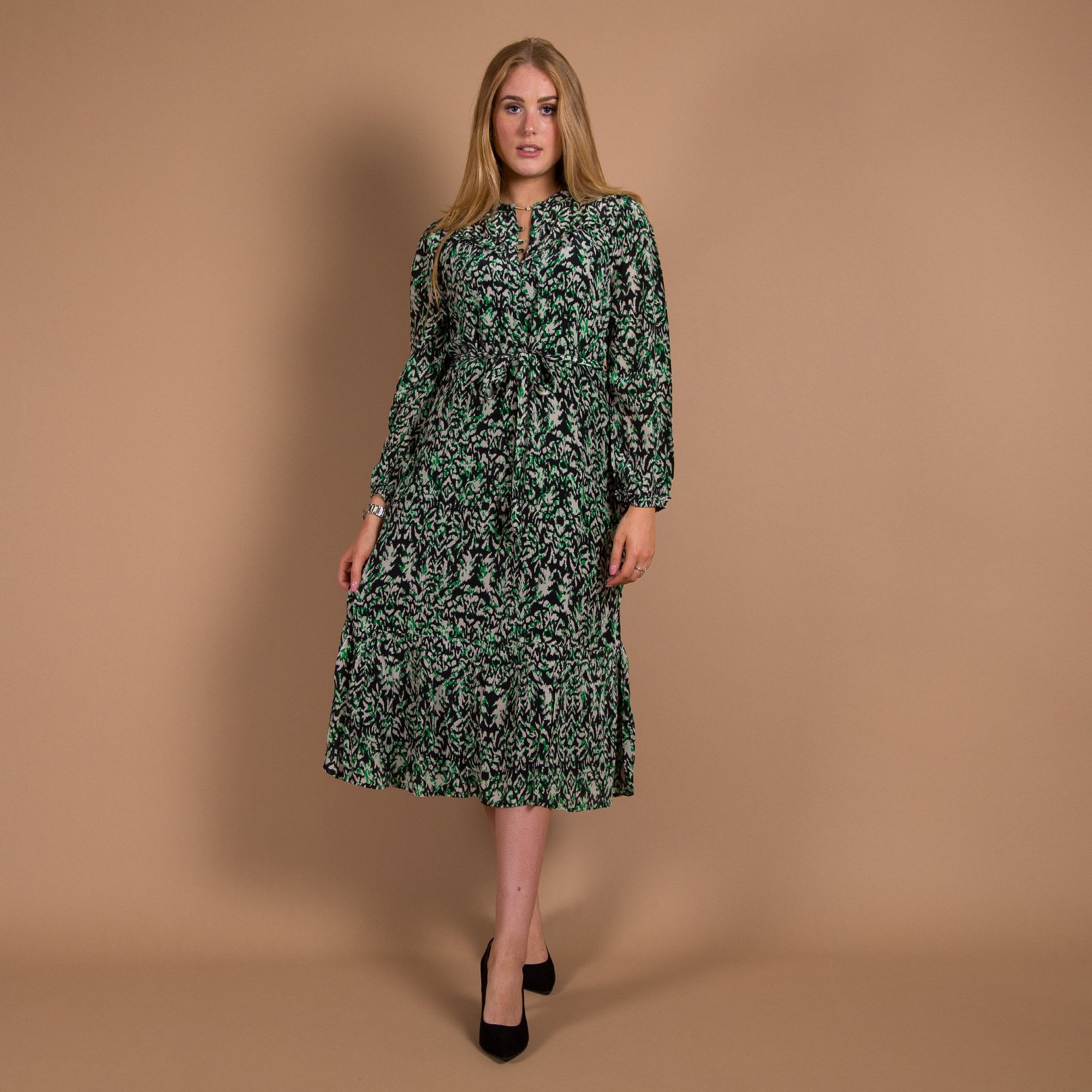 Moliin Nicole Midi Ikat Print Button Down Belted Dress Black/green